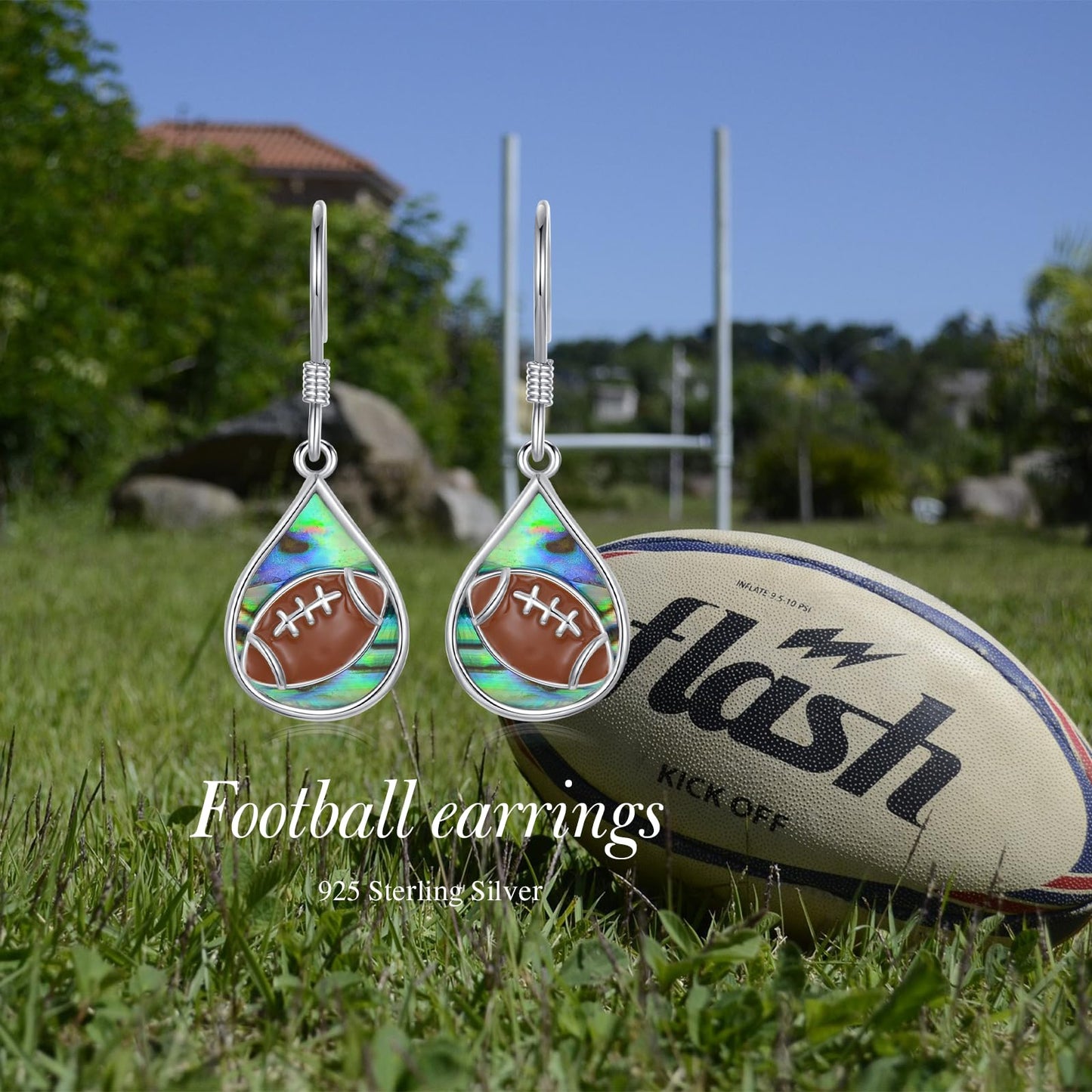 PROESS Abalone Shell Teardrop Football Earrings S925 Sterling Silver Rugby Dangle Earrings for Women Player Fans Sport Athletes Jewelry Gifts