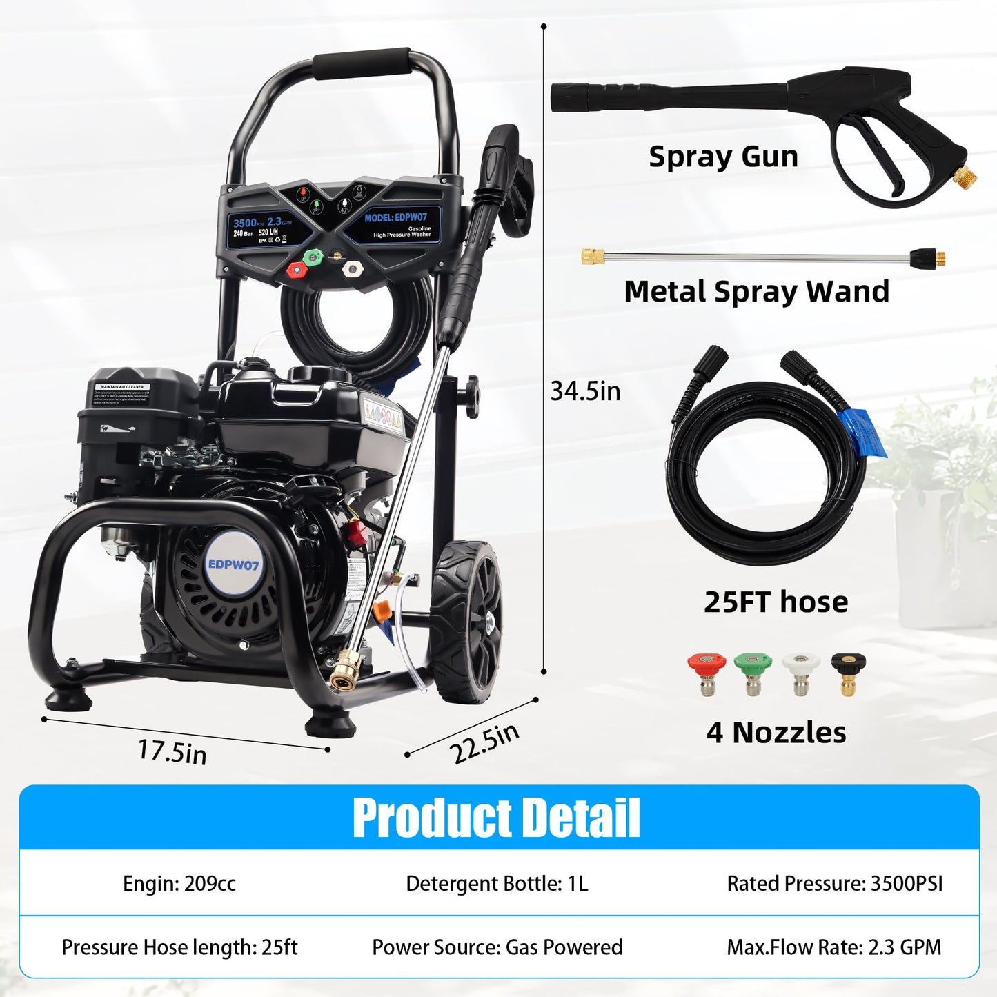 Ezasin Gas Pressure Washer 3500 PSI, 2.3 GPM Heavy Duty High Power Washer,209CC 7HP Engine with 25Ft Pressure Hose, Axial Aluminum Pump, Soap Tank, 4 Quick Connect Nozzle (Black)