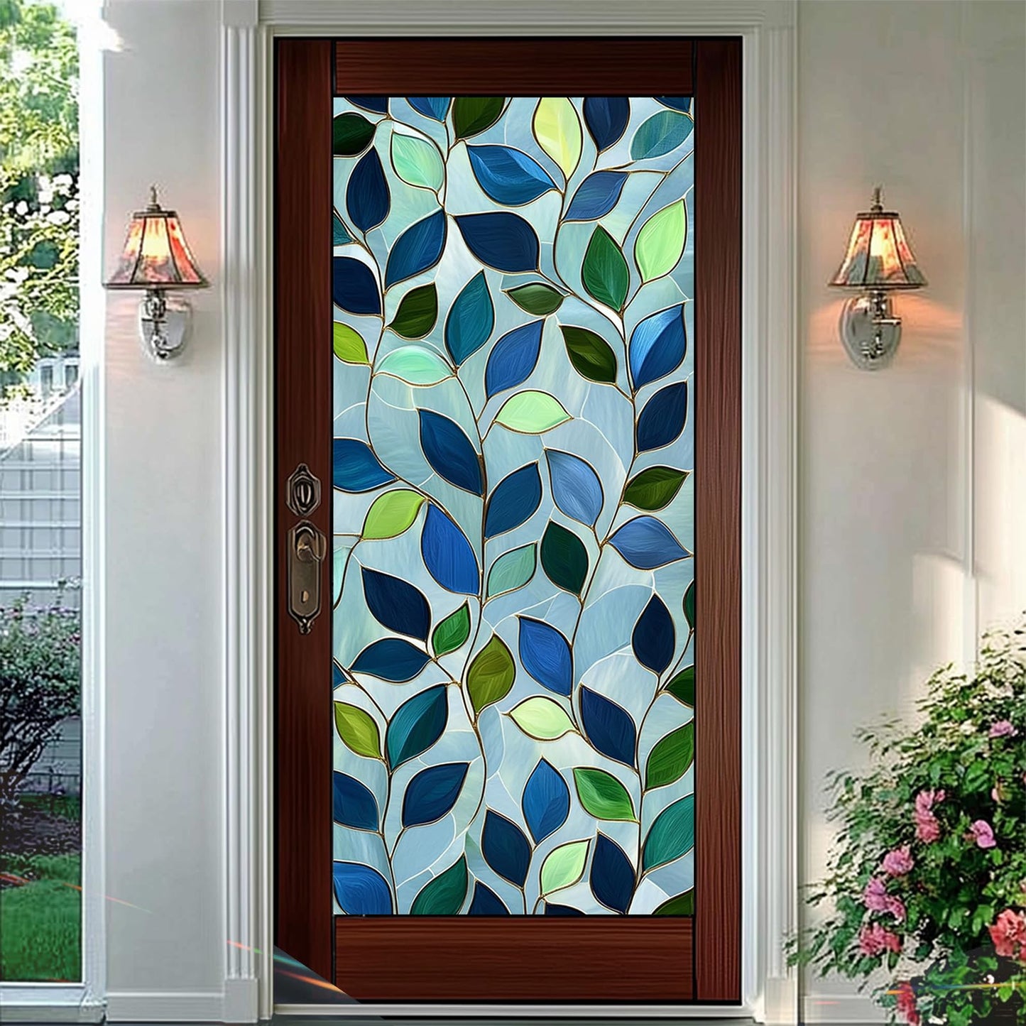 HOMETITUTE Green Leaf Window Privacy Film Blue Stained Glass Privacy Stained Glass Window Film Decorative Living Room Sun Blocking Decor Removable Static Cling Sticker 17.71x39.97inch