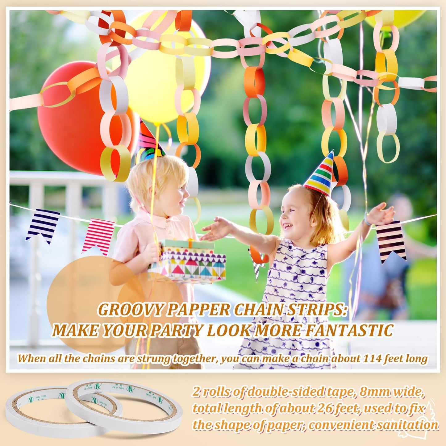 Lincia 600 Sheet Paper Chain Garland Strips 1x8 Inch with Double Sided Tape, DIY Construction Paper Chains for Birthday Wedding Holiday Party Decorations, Crafts Supplies (Groovy)