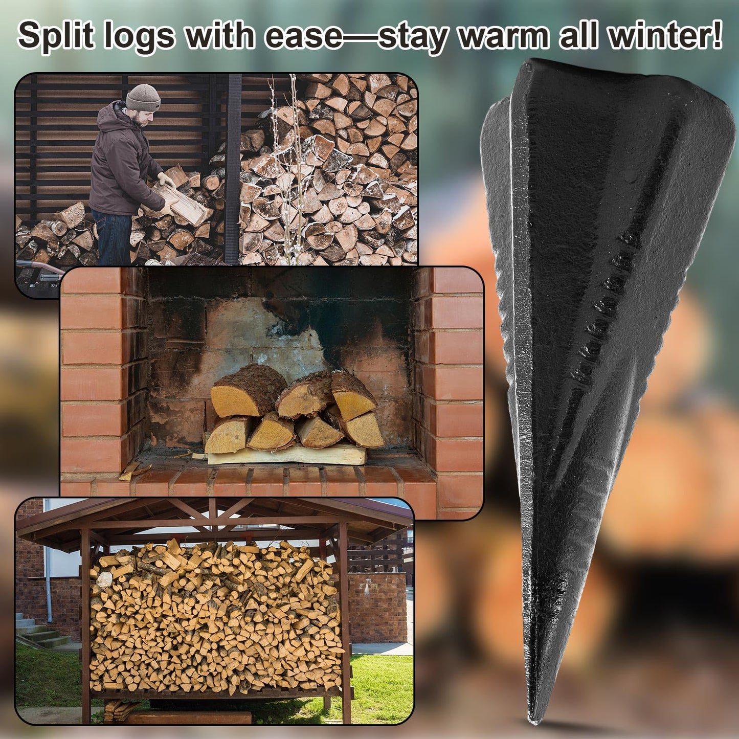 Otoolling 2 Pcs 4 Lbs Wood Splitting Wedges Manual Log Splitter Wedge 4-Direction Diamond Design Forged Steel Tool for Easy Wood Splitting Splits Firewood into 4 Pieces Less Effort (Black)
