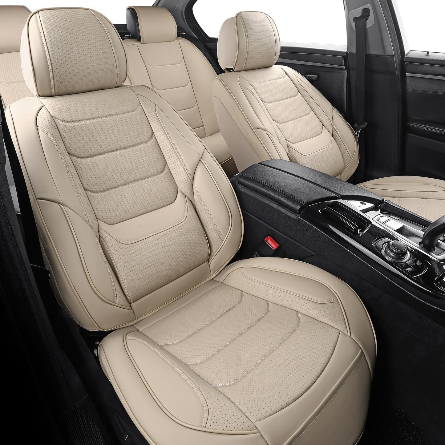 hoozoom Leather Car Seat Covers Full Set Breathable Automotive Seat Covers Waterproof Seat Protectors Universal Fit for Most Automotive Cars SUV Trucks(Beige, Full Set)