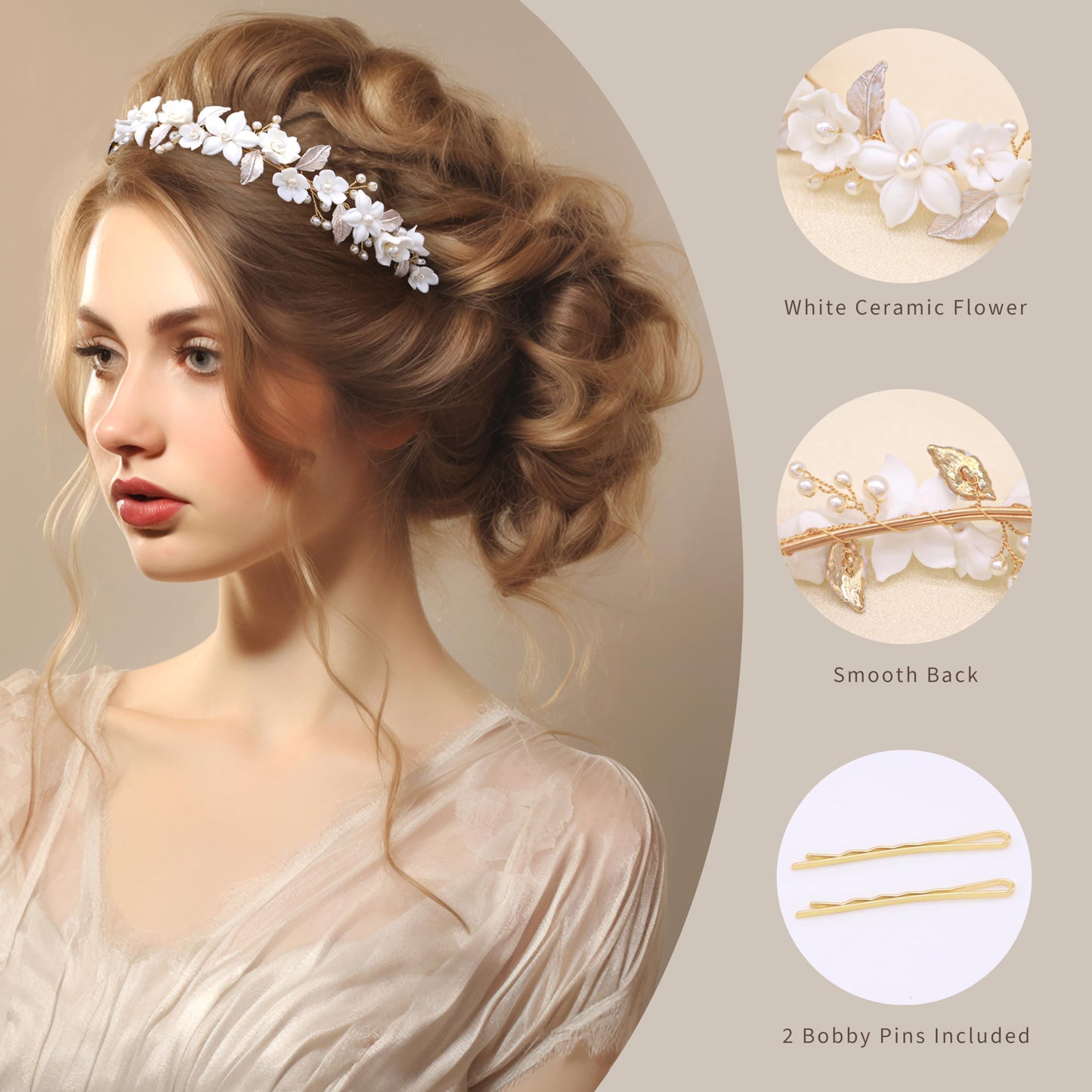 Oriamour Wedding Headbands With Ceramic Flowers Bridal Wedding Headpieces For Women Girls Pearls Headband With Leaves Desgin (Gold)