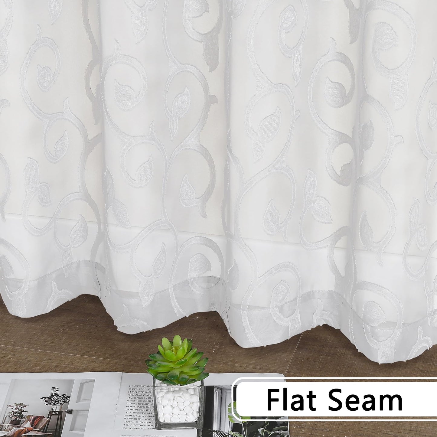 OWENIE Furman Sheer White Curtains 84 inches Long for Bedroom Living Room 2 Panels Set, White Curtains Jacquard Clip Light Filtering Semi Sheer Curtain Rod Pocket Window Drapes, 2 Pcs Each 40 W 84 L