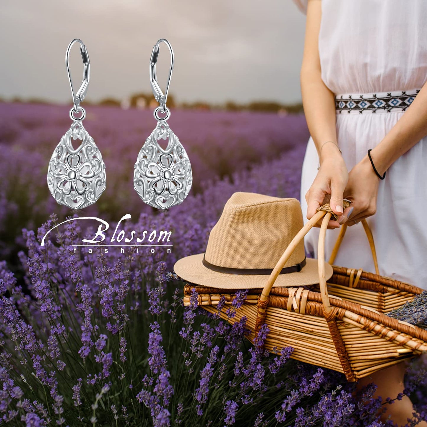 SHAOAN 925 Sterling Silver Filigree Dangle Drop Earrings Flower Cherry Leverback Earrings for Women Jewelry for Mother’s Day