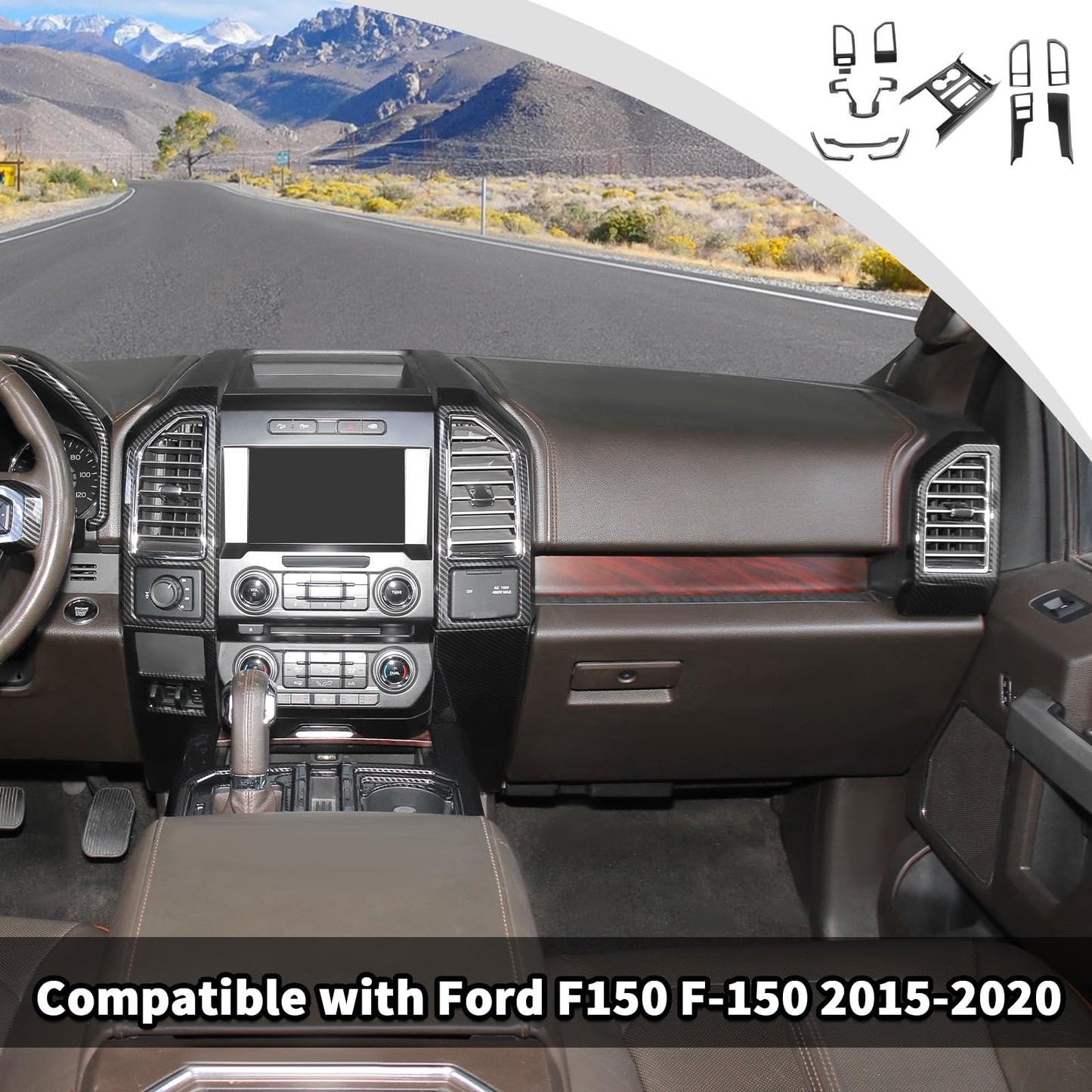 JWWY Dashboard Carbon Fiber Interior Trim Kit Cover Fit for 2015-2020 Ford F150 F-150,Side Outlet Vent Cup Holder Navigation Panel Cover for F150 Interior Accessories,13Pcs