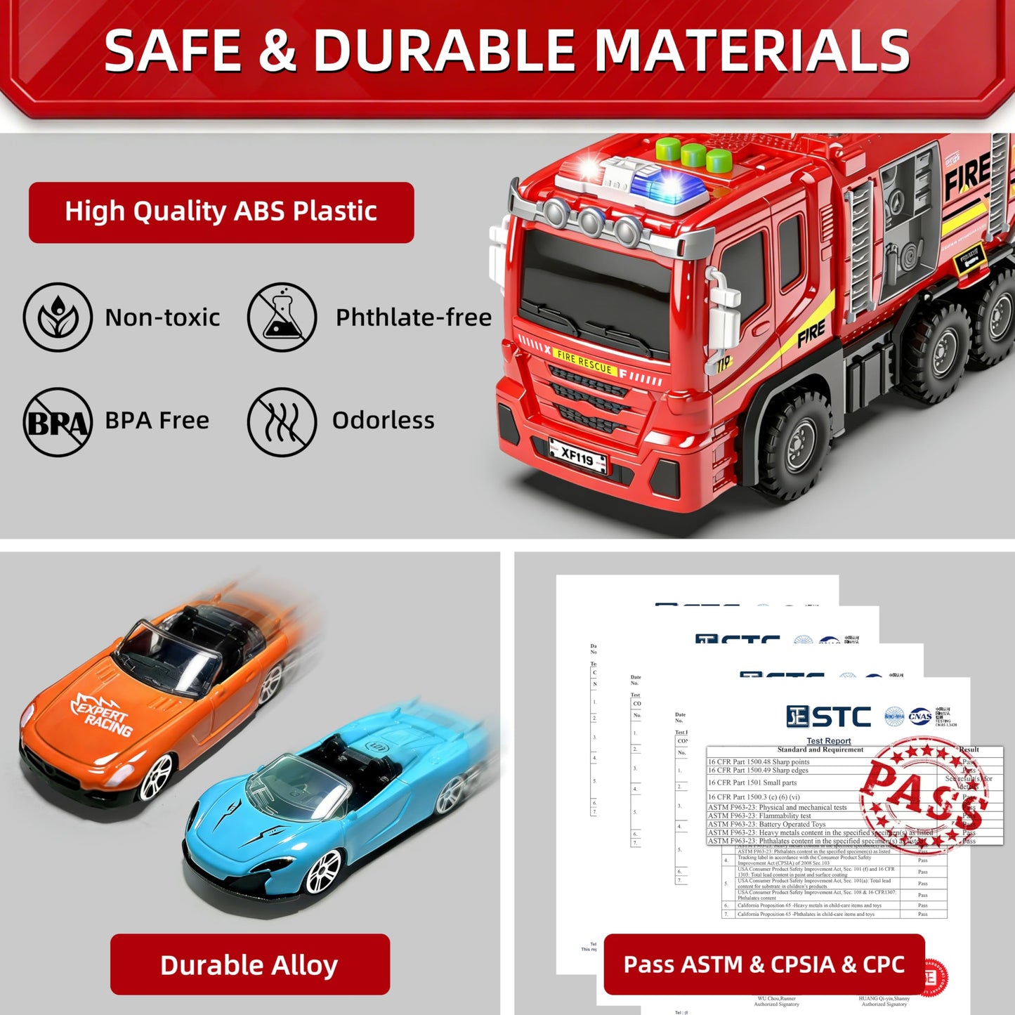 3in1 Fire Truck Toy with Foldable Race Track & 12 Diecast Race Cars Toys, Fire Trucks for Toddlers 3-5 with Lights & Sounds, Carrier Truck Car Kids Toy Gift for Age 3 4 5 6+ Year Old Boys Girls