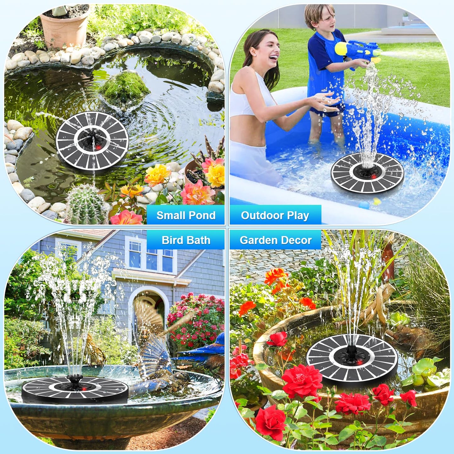 SZMP Solar Water Fountain Works in Cloudy Weather,Solar Fountain for Bird Bath 3.5W Faster Conversion Glass Solar Panel,Power Indicator Replaceable Nozzles,Built-in 2000mAh Battery(White Panel)
