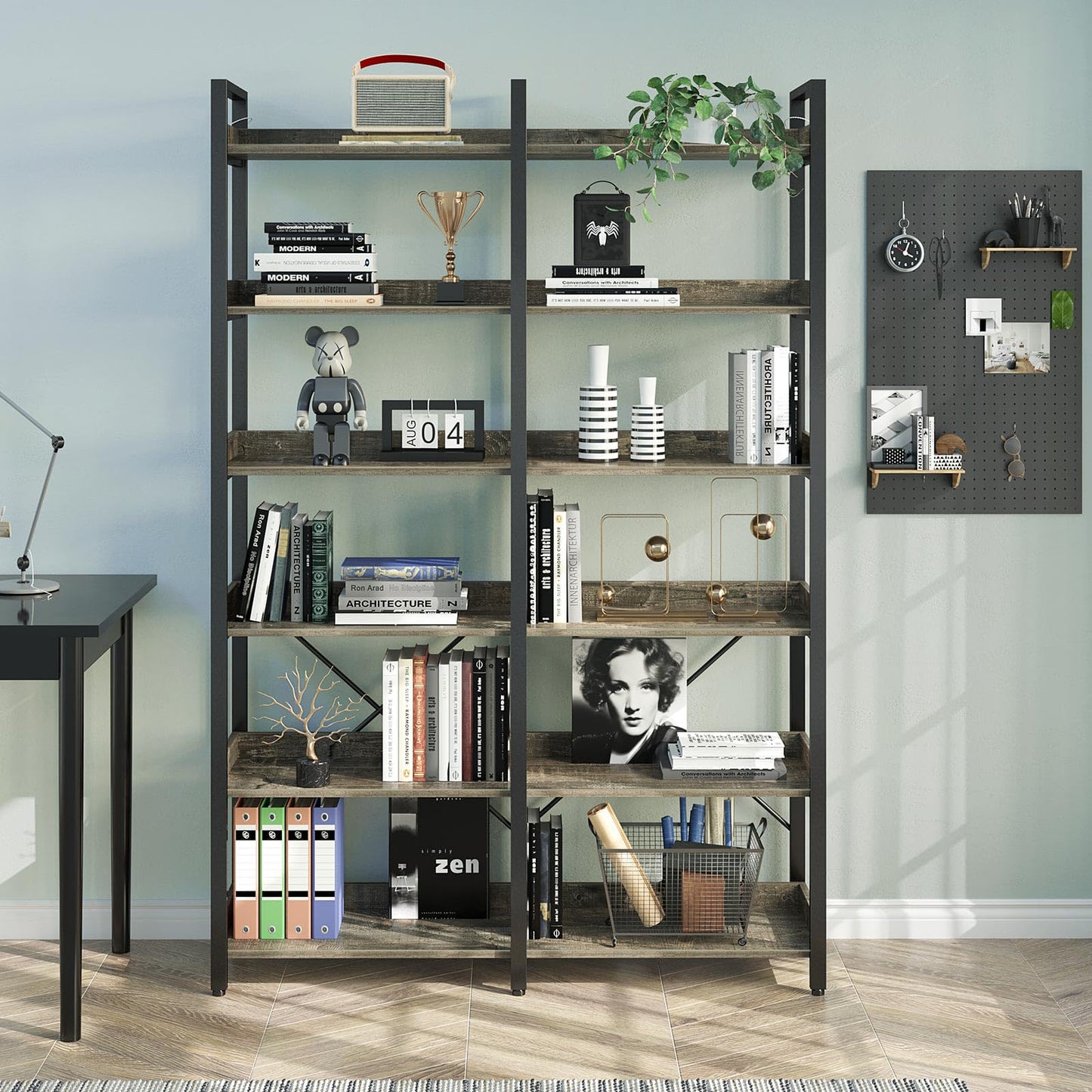 Seventable Bookshelf 6 Tier with 4 Hooks, 67” Industrial Wooden Bookcase, Vintage Storage Rack with Open Shelves, Rustic Standing Bookshelves Metal Frame 43.3” Wide Display Rack, Rustic Brown