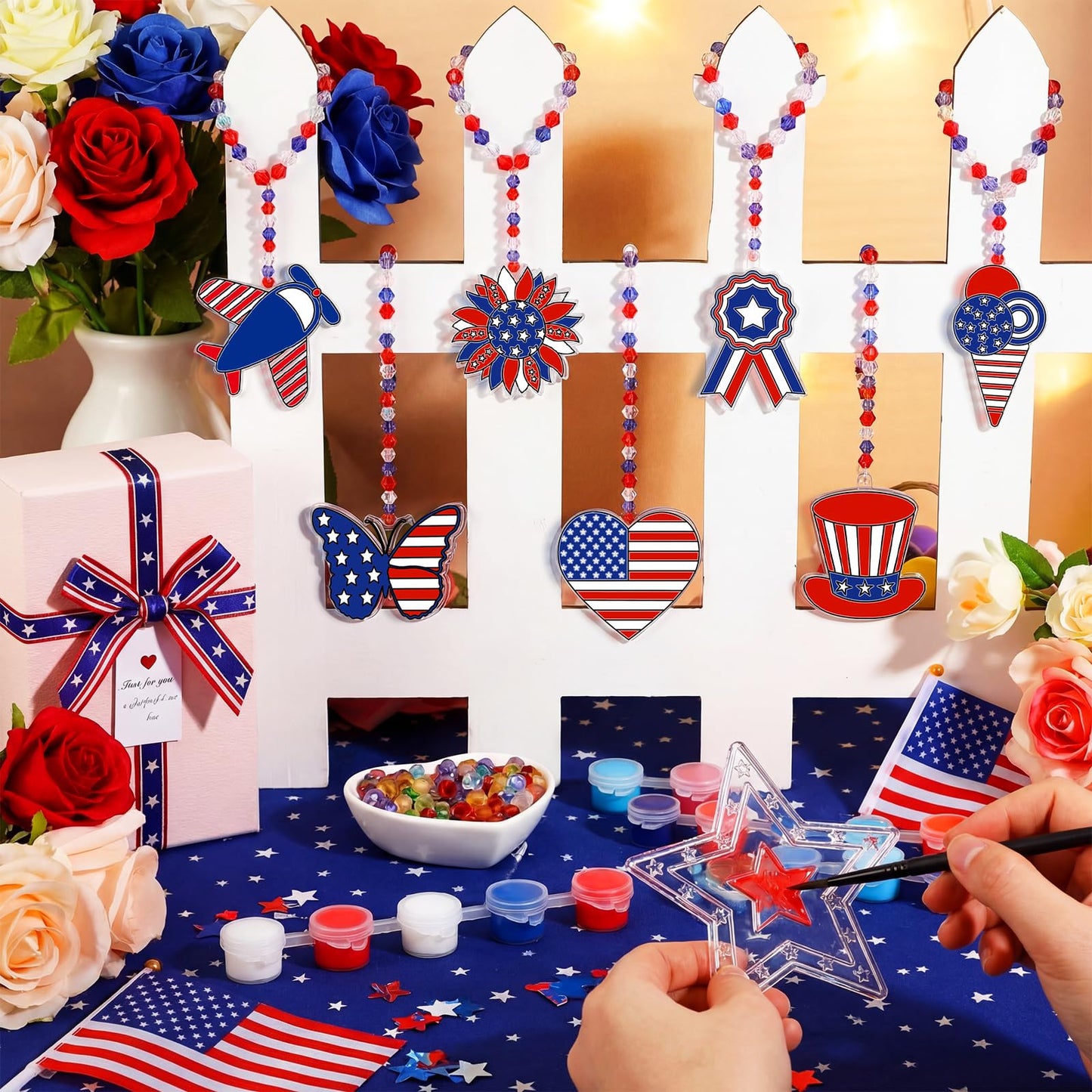 WinnerWhy 30 Sets 4th of July Crafts Bulk, Patriotic 250th Anniversary Stained Glass Sun Catcher Art Kits for Memorial Day Home Party Project Activities Hanging Ornaments