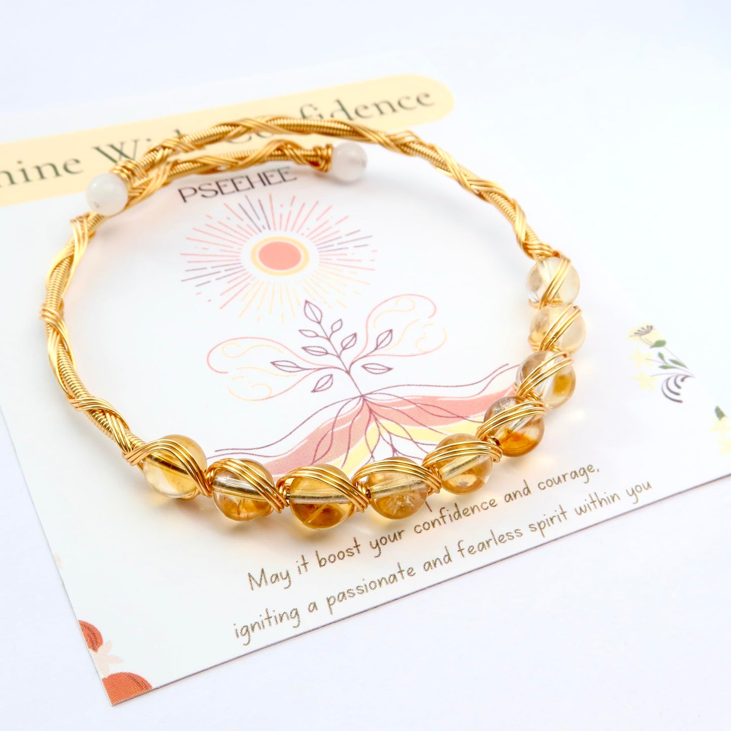 Handmade Genuine Citrine Crystal 14k Gold Filled Wire Wrapped Bracelet, Birthstone Chakra Healing Gemstone Crystal Beads Adjustable Bangle Cuff Jewelry Gift for Women