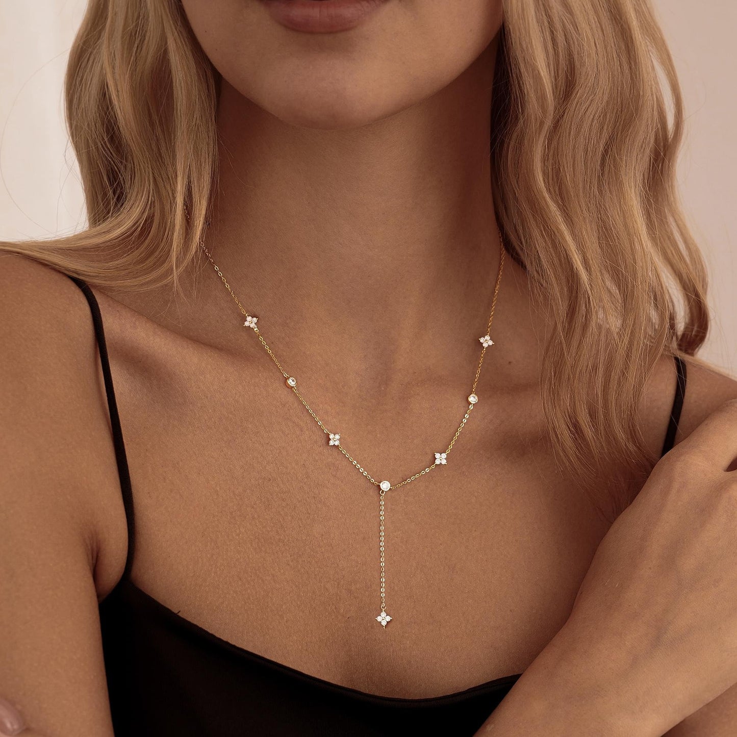 FUCJOEE Long Necklaces for Women Trendy - 14K Gold Plated CZ Clover Lariat Necklace Dainty Y Shaped Drop Necklace Cute Gold Choker Necklace for Women Party Prom Jewelry Teen Gifts