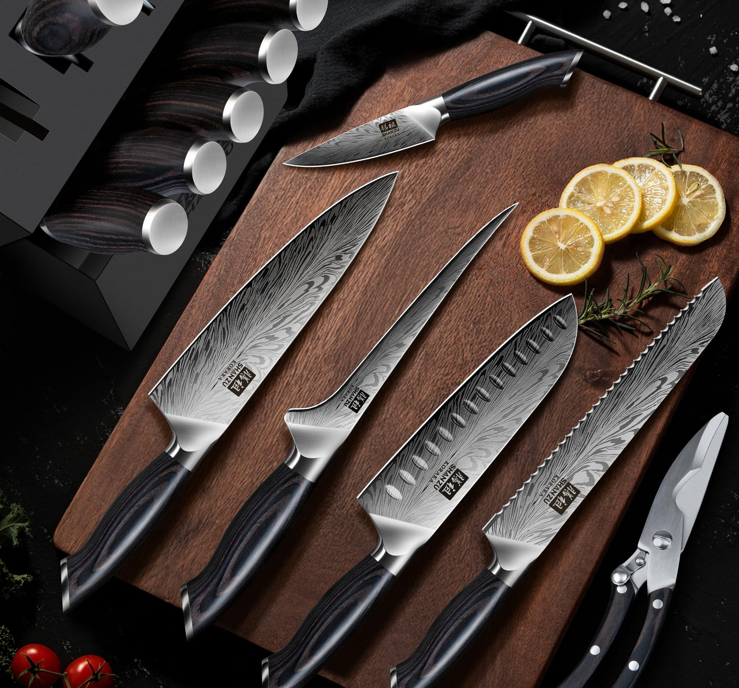 SHAN ZU 16 Pieces Knife Set, Knife Block Set in Powder Steel, Ultra Sharp Kitchen Knives Set, High Hardness Japanese Knife Set with Ergonomic Pakkawood Handle, Chef Knives Set for Kitchen Cooking