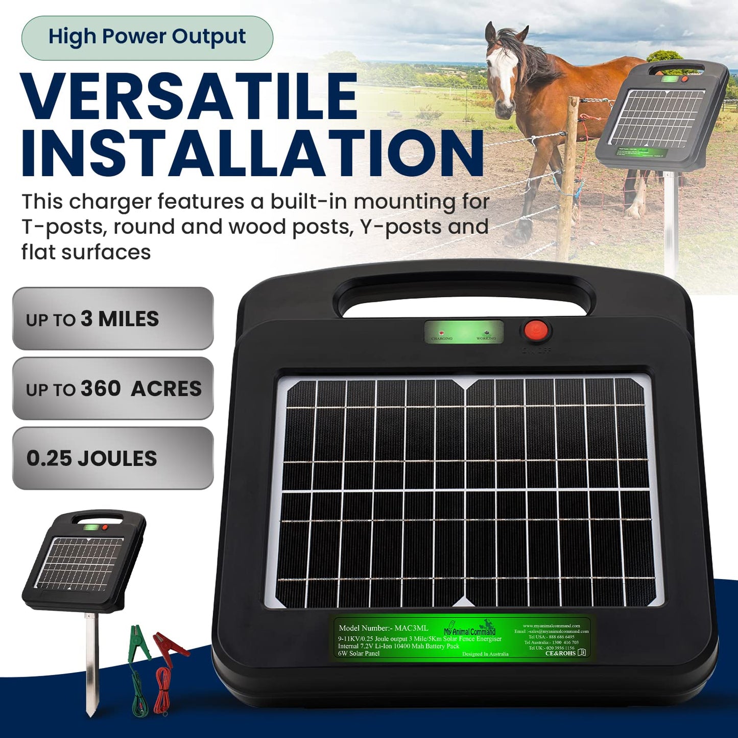 My Animal Command Solar Powered Electric Fence Charger 0.25 Joules Output (9-11KV) with Lithium Battery Energizer Containment & Protection of Livestock Horses Cattle Sheep Pets Easy Install