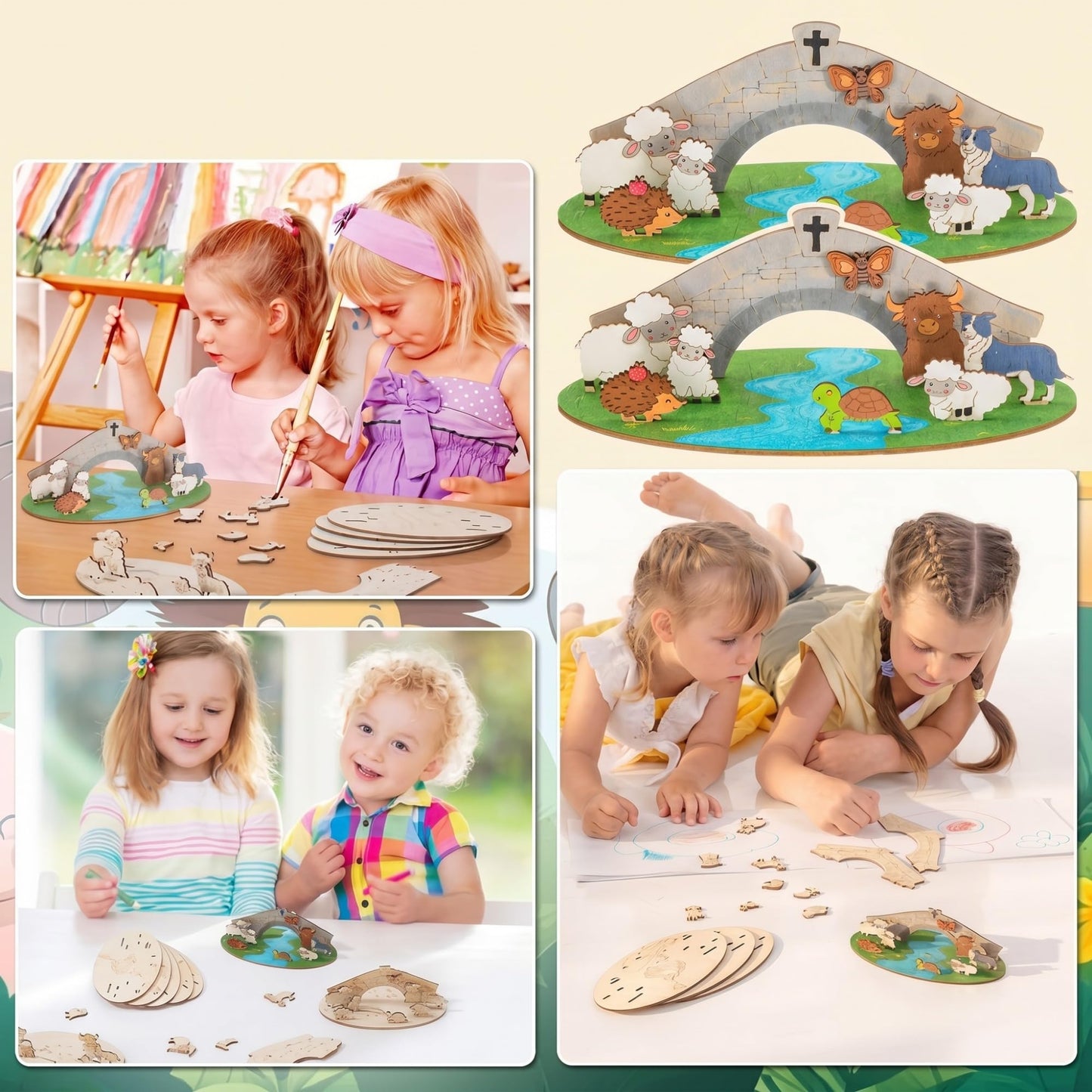 DoubleFill 12 Set 2026 Vbs Crafts for Classroom DIY Emerald Cross Themed Craft Kits Farmhouse Animals Wooden Cutouts Kit Country Animal Multi-Layer Crafts for Sunday School Church Bible Decor