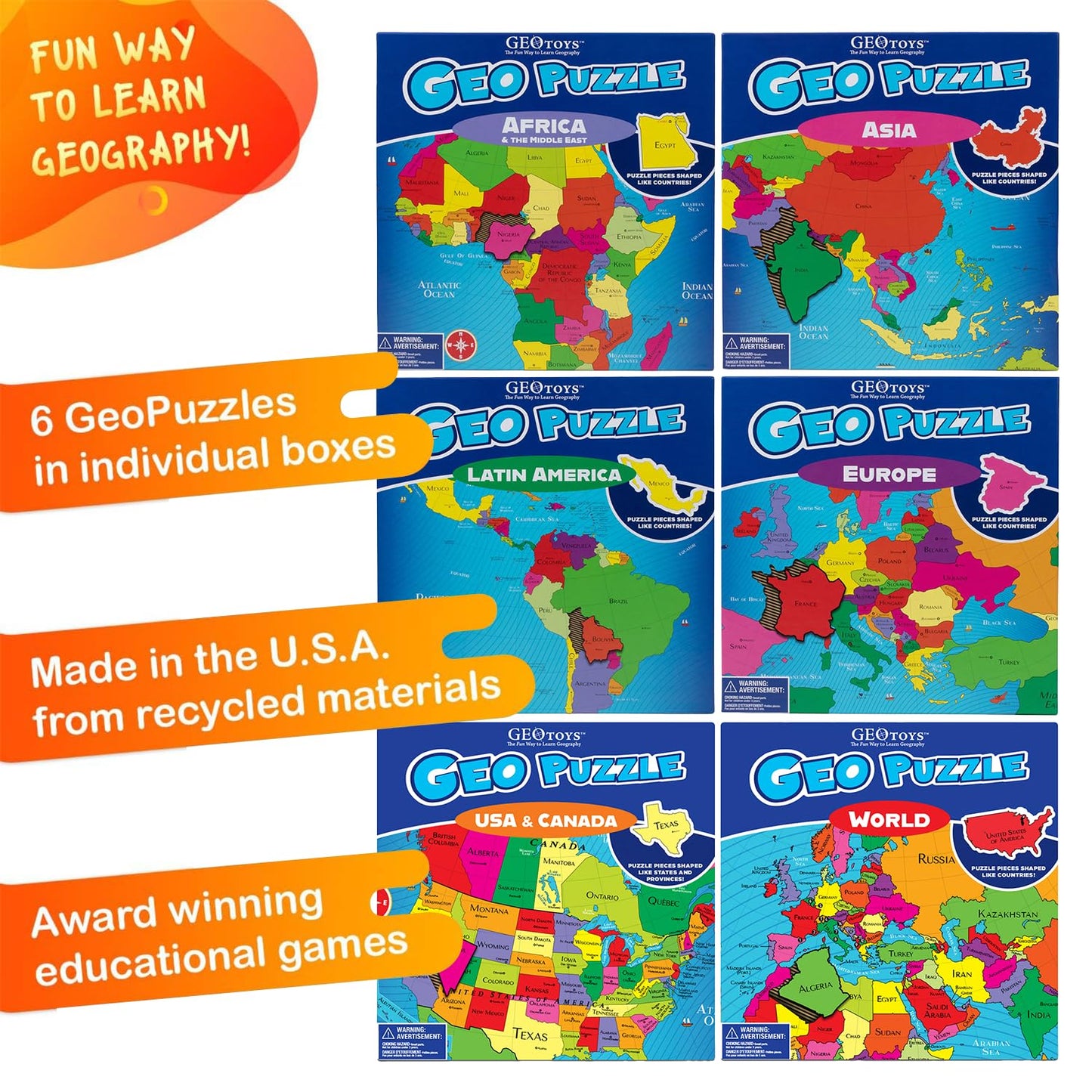 GeoToys GeoPuzzle, Country Jigsaw Puzzles Set of 6, Geography Game & Map Puzzle, Educational Games & Kids Learning Activities, Puzzle Gifts for Children Ages 6-9, Fun Learning Toys for Kids
