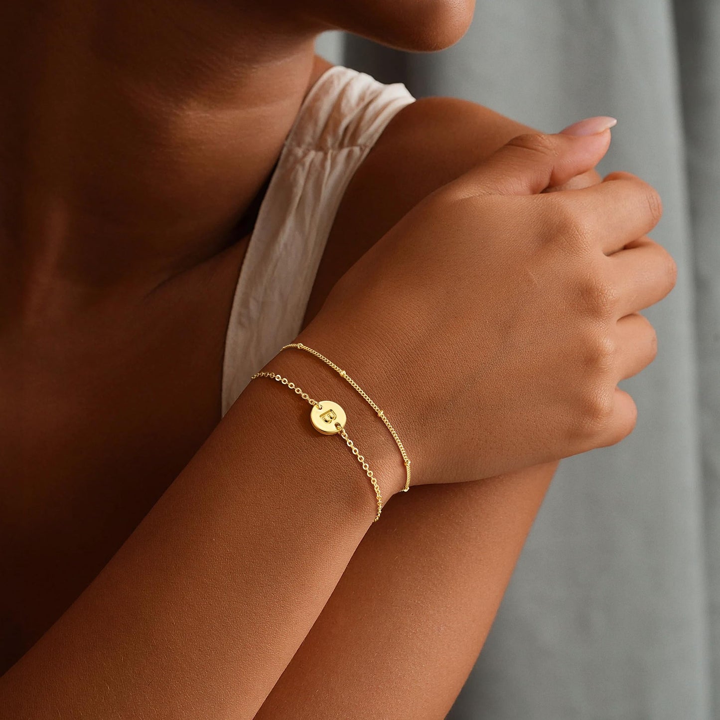 MONOZO Gold Initial Bracelets for Women, Dainty 14K-gold-plated Layered Beaded B Letter Initial Bracelet Personalized Alphabet Disc Monogram Charm Bracelet Jewelry Gifts