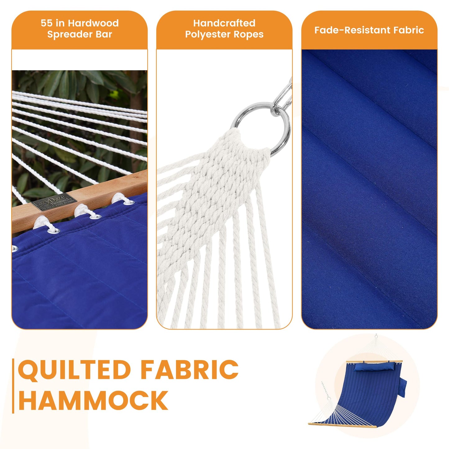 Lazy Daze Hammocks 2 Person Double Quilted Fabric Hammock with Spreader Bar, Detachable Pillow, Side Pocket, Carabiners, Chains, Straps for Outdoor, 450lbs Capacity, Navy Blue