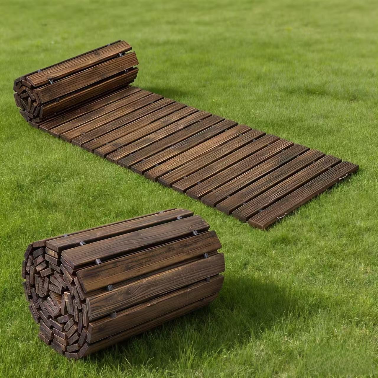 WELUKGUUD Wooden Garden Pathway, Outdoor Roll Out Decorative Garden Walkway, Weather-Resistant Non-Slip Wooden Walkway Pavers for Backyard, Beach, Wedding Party Paths(Carbonized, 8FT Straight)
