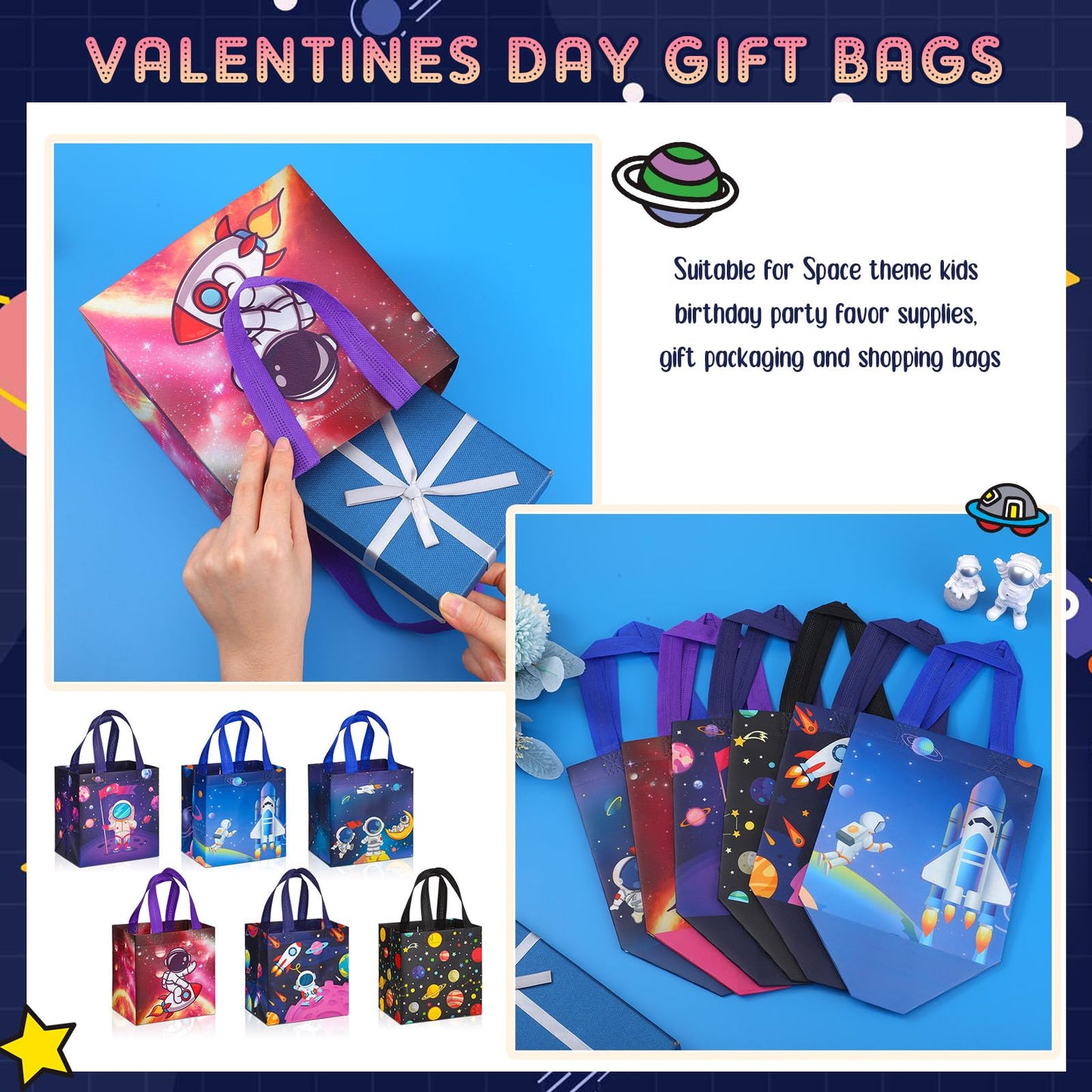 Kigeli 30 Pcs 6 Style Space Goodie Bags, Space Party Favors Large Non-woven Gifts Bags with Handles, Astronaut Planet Rocket Goodie Candy Tote for Baby Shower, Galaxy Theme Birthday Party Supplies