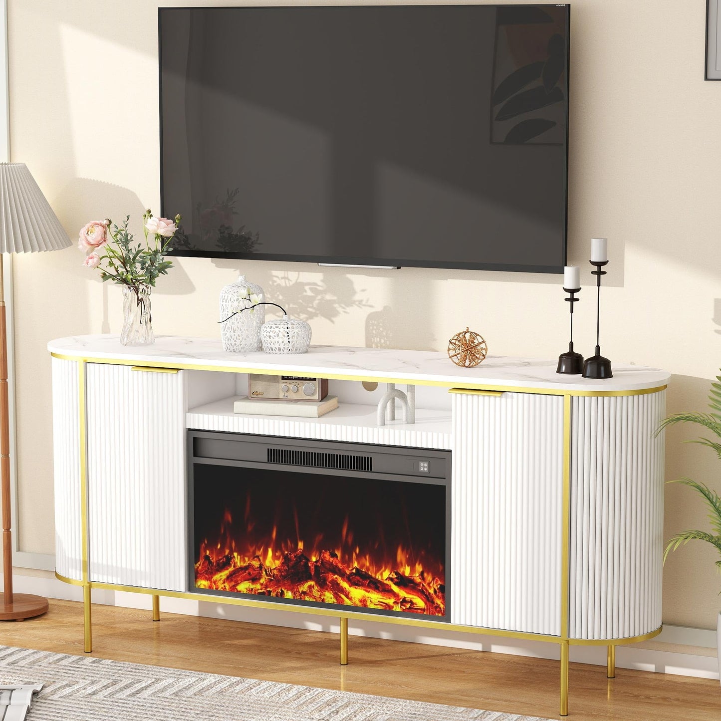 Fluted Fireplace TV Stand: 70" White Entertainment Center with 30" Electric Fireplace, TV Console for 80 inch TVs, Luxury Media Console with Faux Marble Top for Living Room (White)