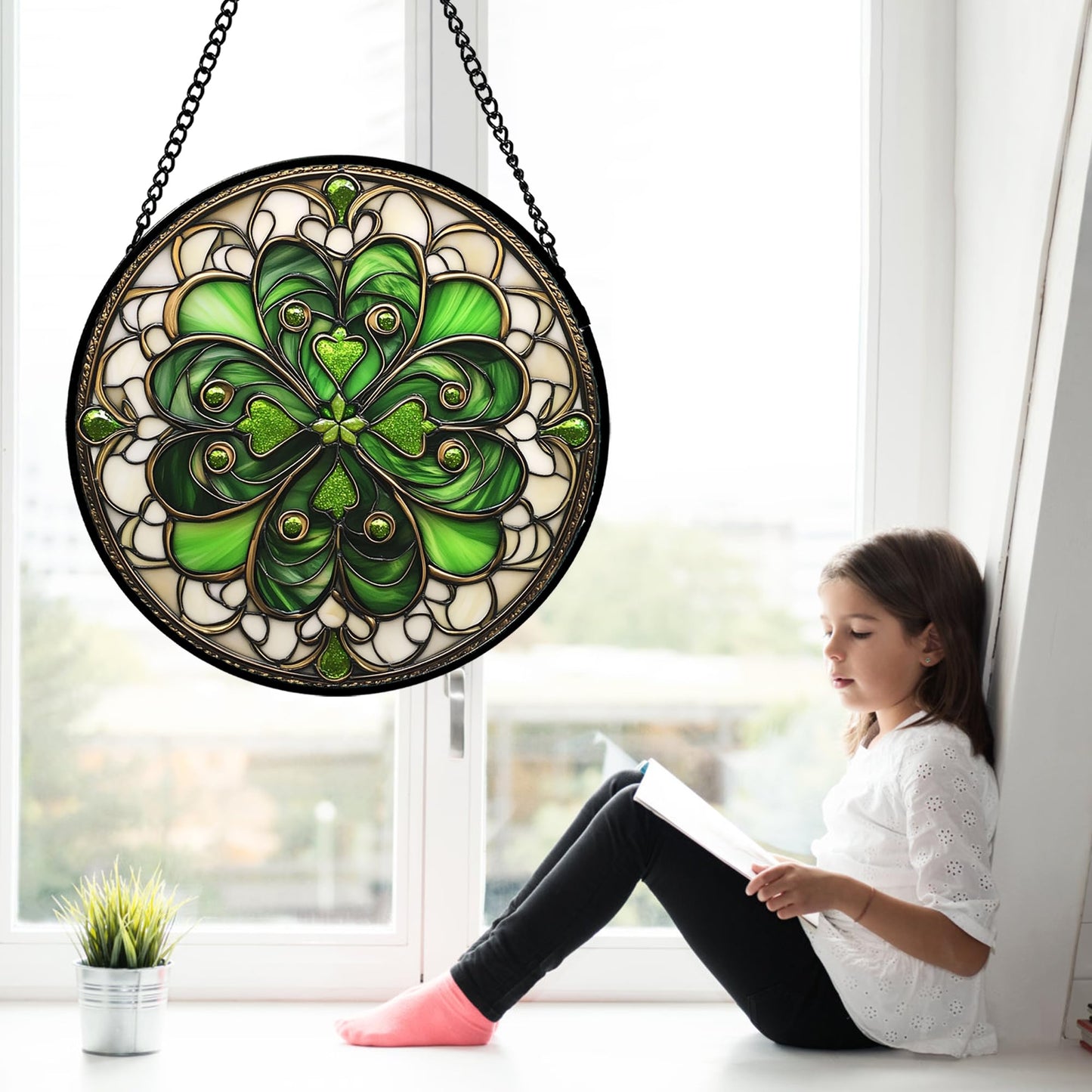 DASTOLL Stained Glass Window Hanging St. Ripak Festival Green Lucky Clover 6.3" - Suncatcher Door Garden Sun Catcher Ireland Decor Mother's Day for Mom Woman Her Men Sisters