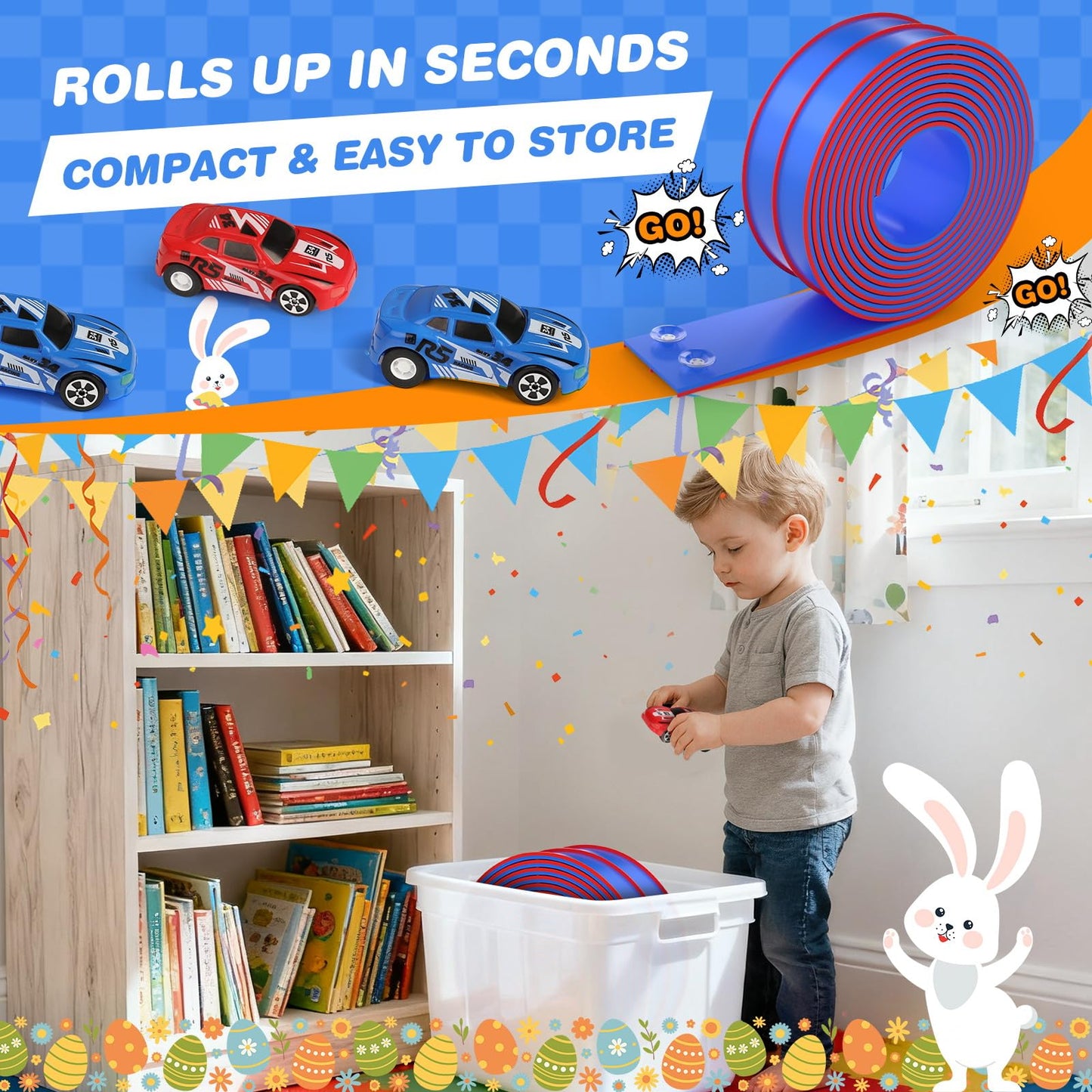 DKOXT 15 Ft Flexible Race Track for Kids, DIY Car Track Set with 2 Toy Cars & 3 Suction Cup Ramps, Easter Basket Stuffers for Teens & Boys Girls, Creative Easter Gifts for Kids, Blue
