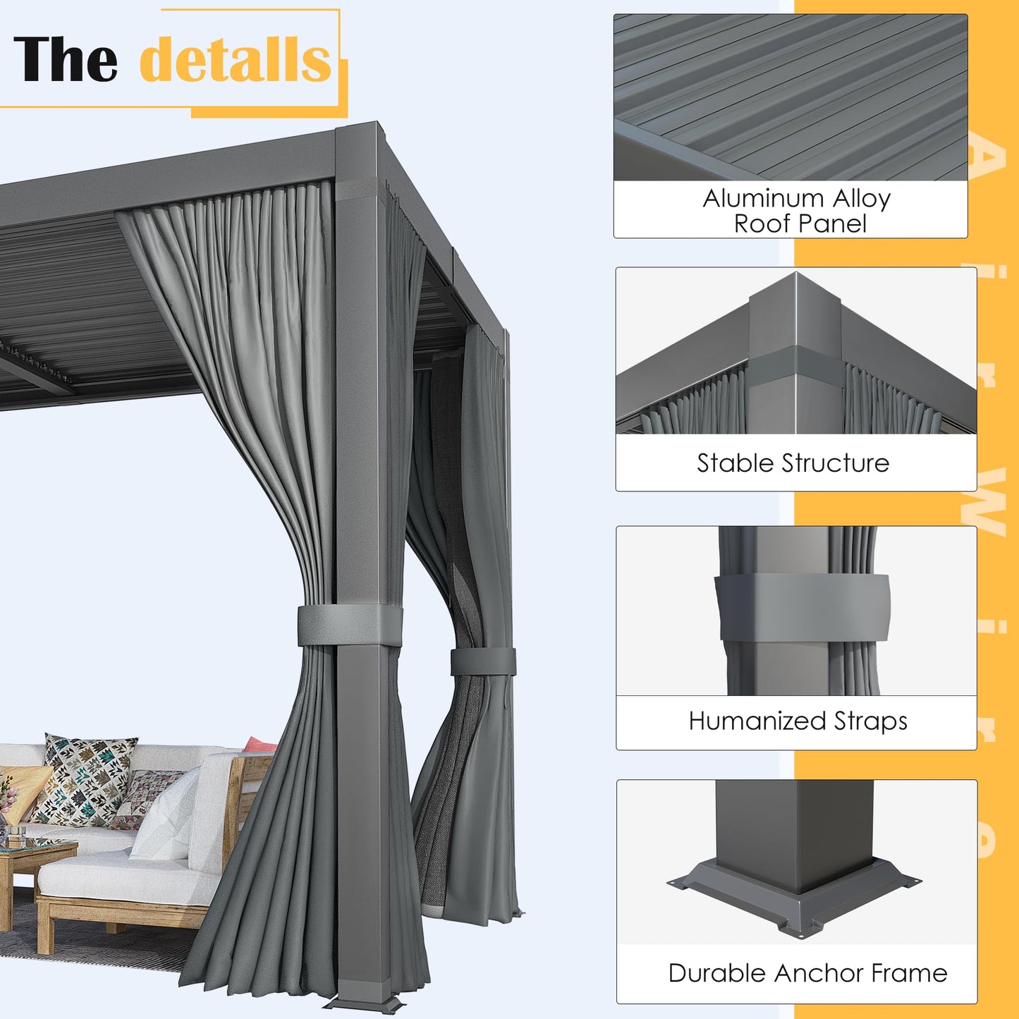 Airwire 10x12 FT Louvered Pergola, Aluminum Outdoor Pergolas with Adjustable Roof, Hardtop Gazebo with Waterproof Curtains & Netting for Deck, Patio, and Backyard