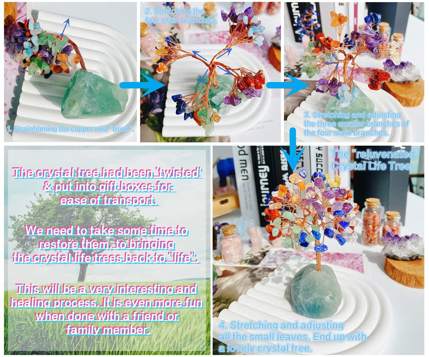 QINJIEJIE 7 Chakra Crystals Gemstone Healing Crystal Stone Fluorite Base Natural Stones Copper Wire Life Tree Energy Office Desk Decor Meditation Christmas Spiritual Gift for Women Men