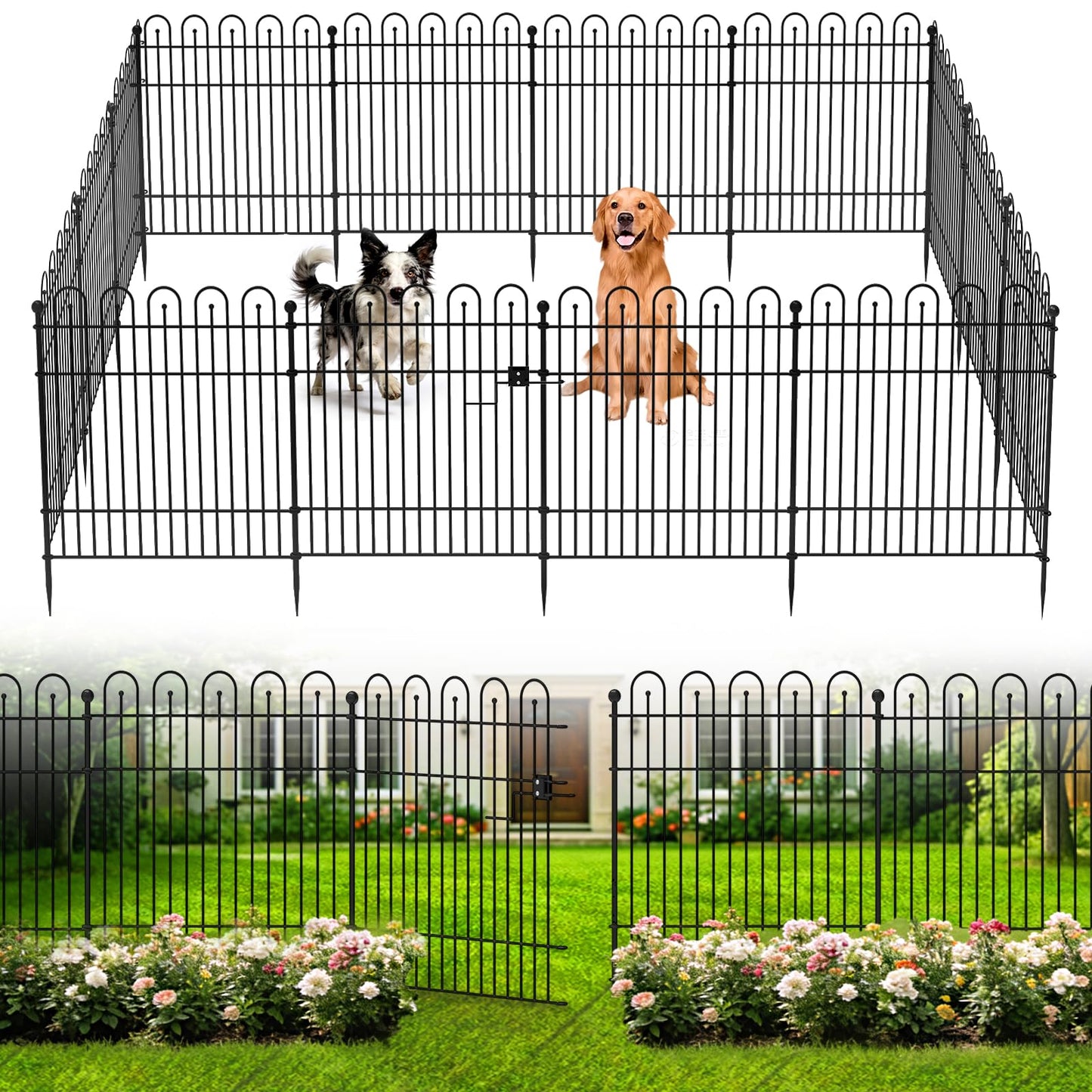 Garden Fence Animal Barrier with Gate, 32 in (H) x23.6ft (L) Decorative Garden Fence, 10 Panels No Dig, Rustproof Metal Temporary Fence, for Outdoor, Yard, Patio