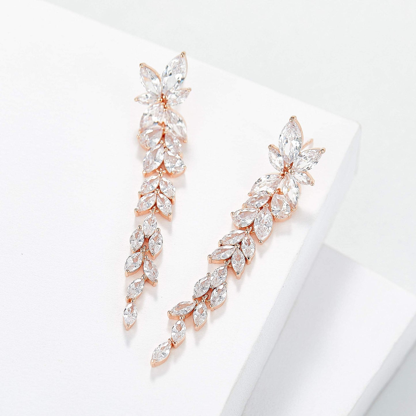 SWEETV Rose Gold Marquise Cubic Zirconia Wedding Earrings for Women Brides, Crystal Chandelier Bridal Drop Earrings for Prom Pageant