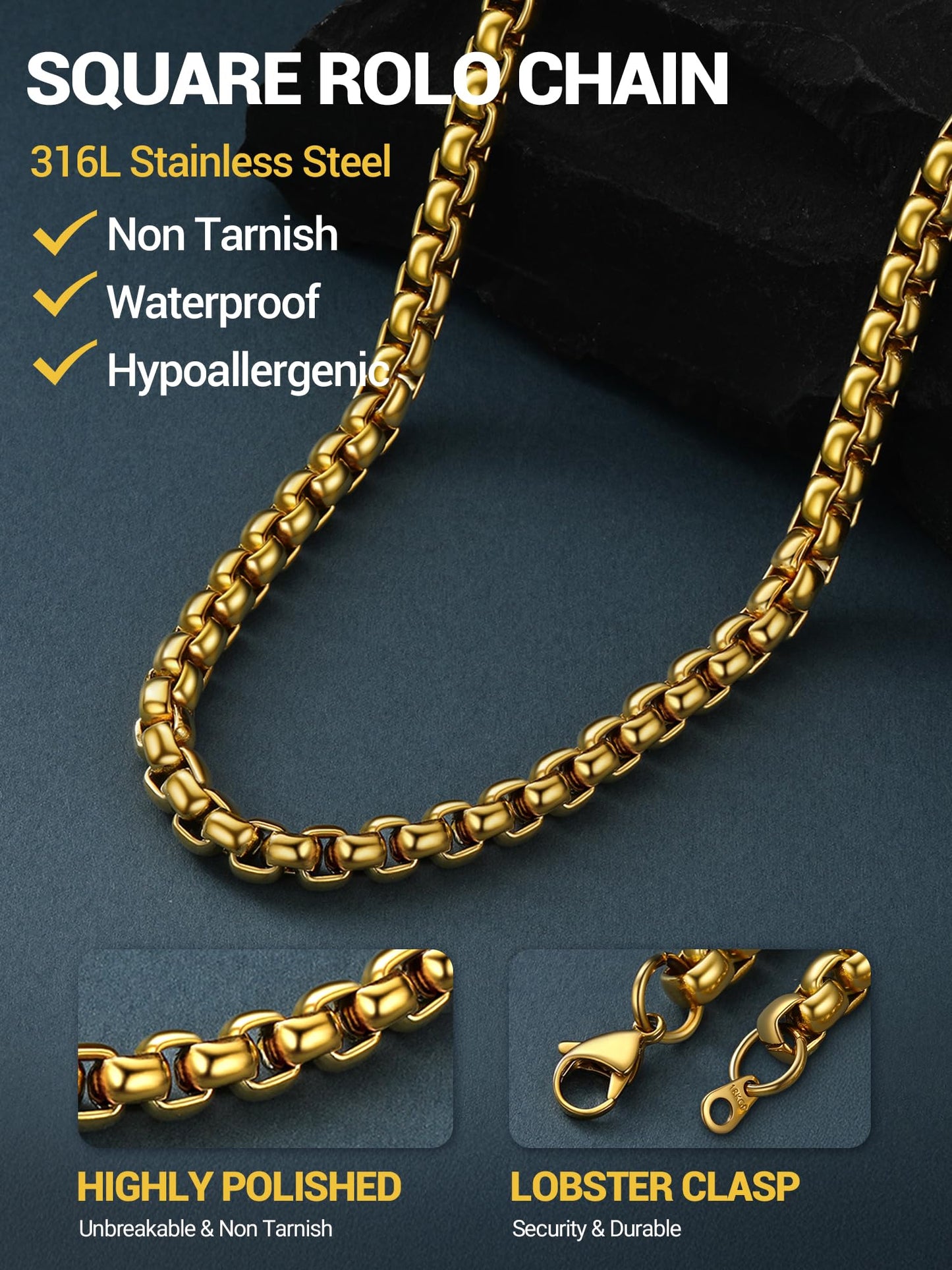 PROSTEEL Mens Chain Necklace, Squre Rolo Cable Chains 8mm Chunky 18K Gold Necklace Waterproof & Non Tarnish Men and Women Jewelry with Gift Box 20in