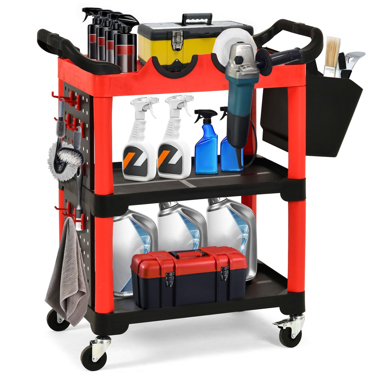 YITAHOME Auto Detailing Cart with Wheels, 3 Tier Rolling Detail Cart with 2 Polisher Brackets, Car Wash Organizer Cart with 2 Hanging Plate & Hooks & Hanging Bucket for Garage, Workshop, Repair Shop