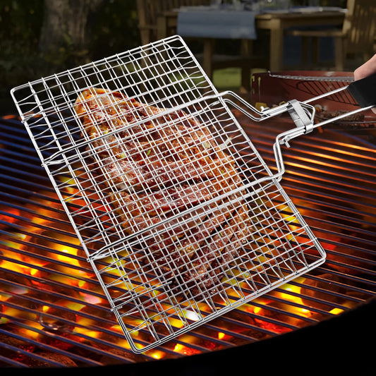 Fish Basket for Grilling- BBQ Basket Stainless Steel Barbecue Basket with Foldable Handle, Portable Outdoor/Camping Grilling Accessories, Grill Vegetable Basket for All Grills（13.2 X 8.6 Inches）