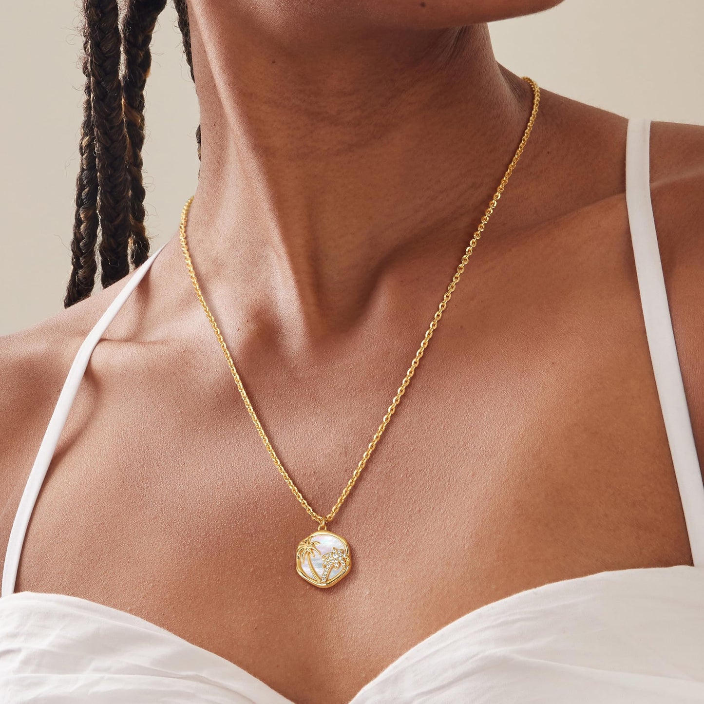 Fettero 14K Gold Plated Necklaces for Women Dainty Mother of Pearl Palm Tree Pendant Charm MOP Gold Coin Necklace Jewelry Gift