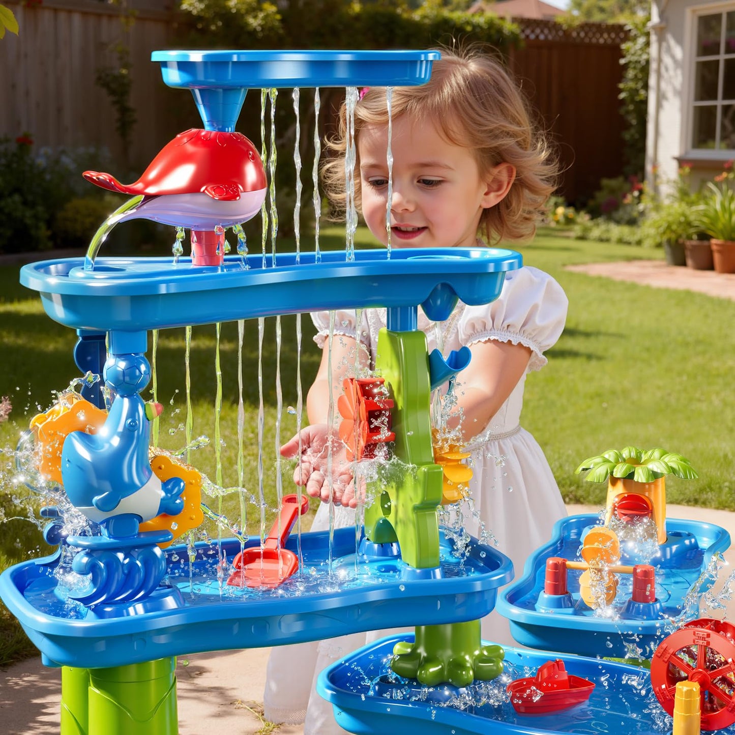 ZDRKWSM 3-Tier 4 Areas Water Table for Kids 3-5, Summer Outdoor Beach Sensory Activity Playset Kids Sand and Water Table Toys, Birthday Gifts for Boys and Girls 3 4 5 6 7 8