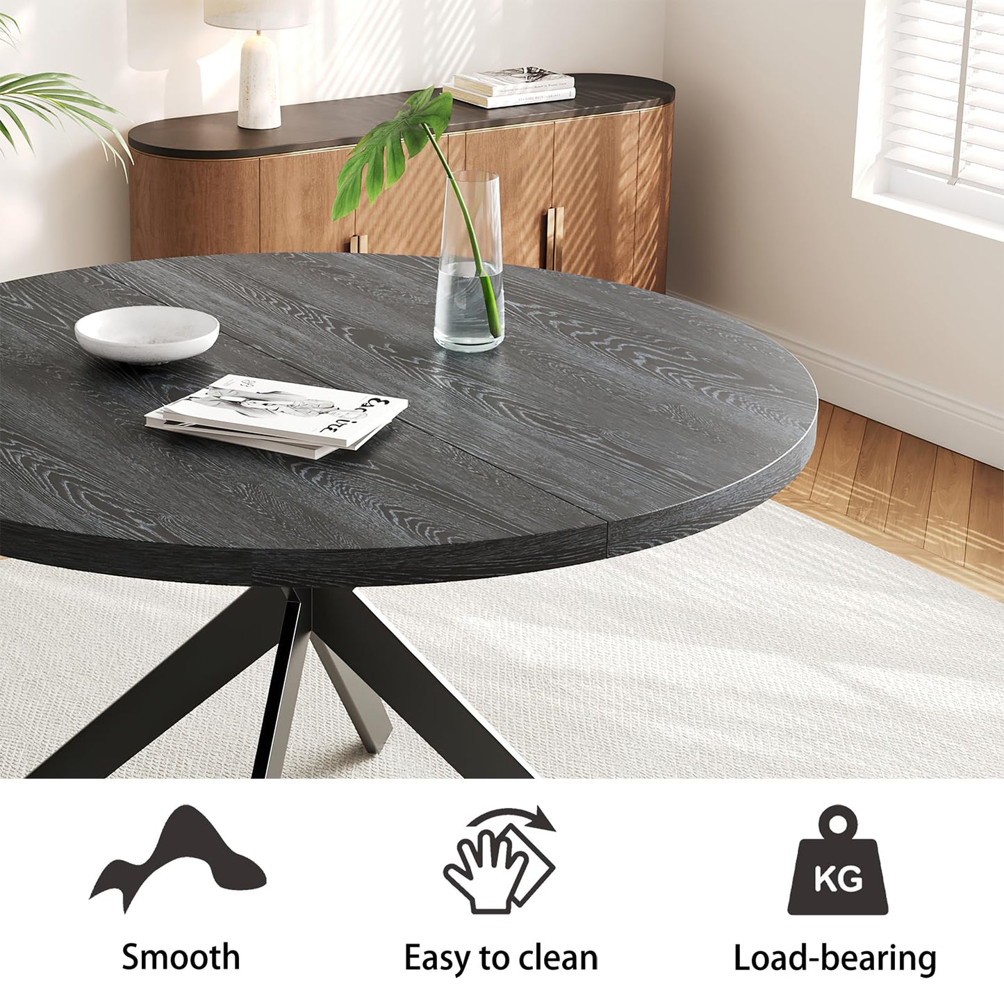 Zerifevni 45.3" Round Dining Table Set for 4, Wooden Round Dining Table with Chairs for 4-6 Person, w/Metal Legs, Coffee Table for Kitchen Dining Room, Living Room, Office
