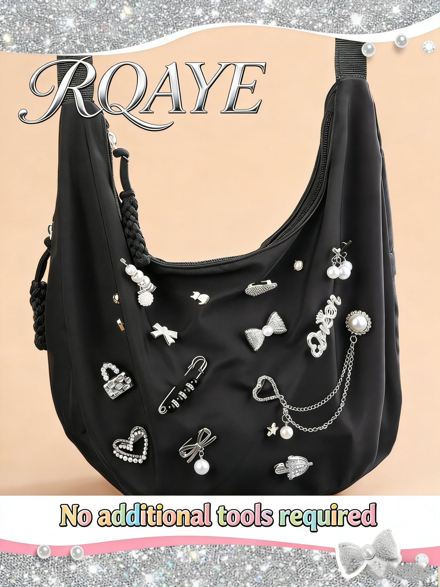 RQAYE Silver Shoe Charms for Sneakers, Junk Socks Charms Kit, Brooches and Pins for Women, Pearl and Rhinestone Sock Charm with Safety Pins,DIY Accessories for Decorating and Personalizing Socks