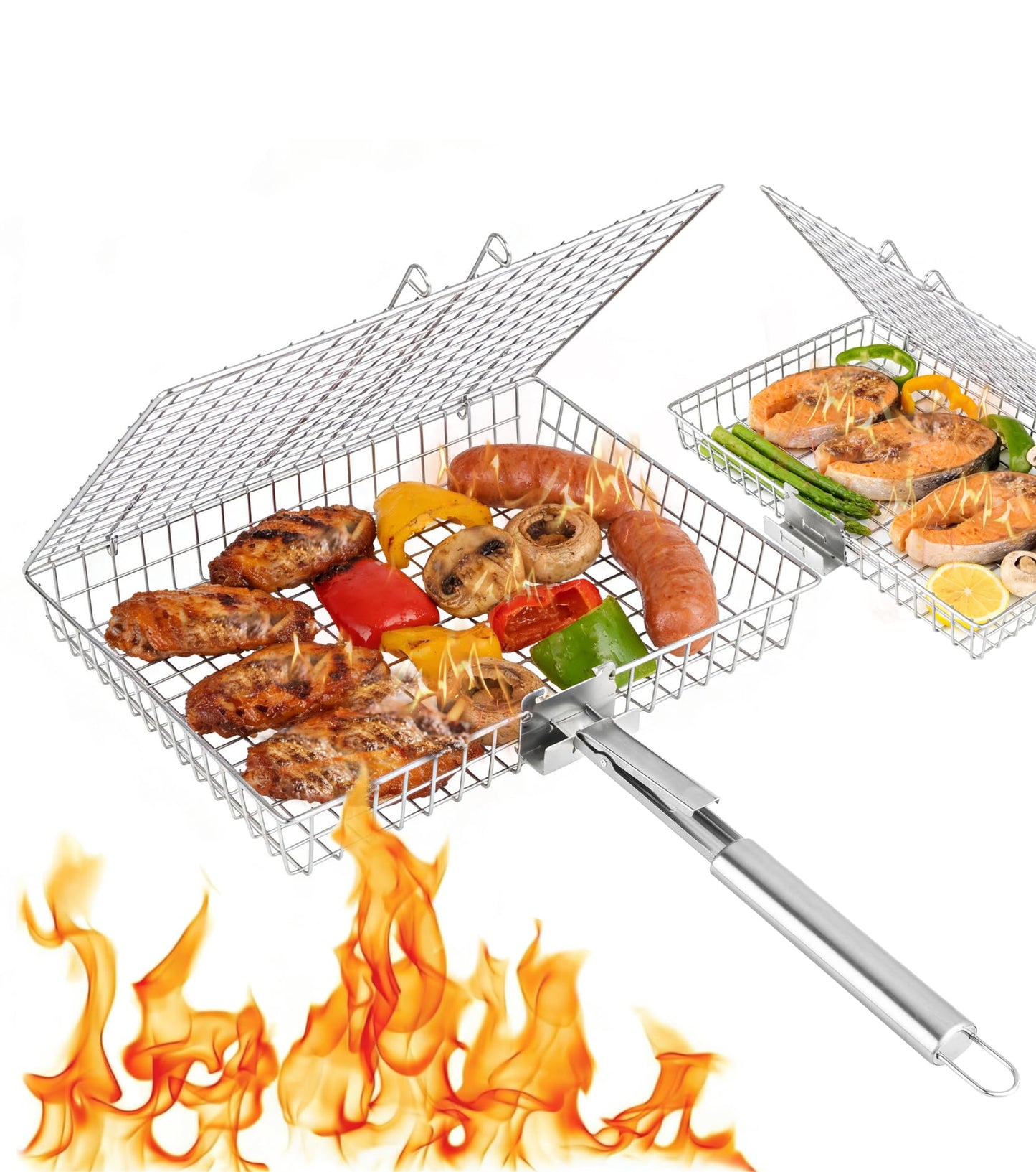 Grill Basket Set for Outdoor Grilling - Large Capacity Fish Grill Basket & Grilling Rack - Food Grade Stainless Steel Portable Flat Basket with Removable Handle for Vegetables, Shrimp & Camping (XL+L)