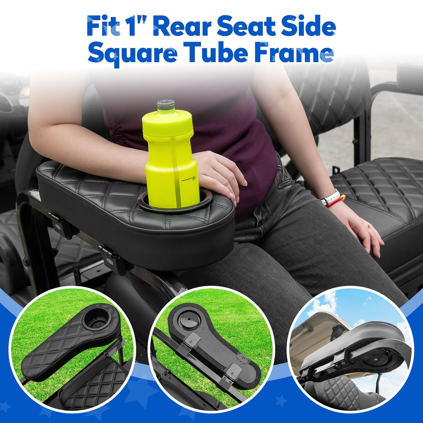 NOKINS Golf Cart Seat Covers for Club Car DS 2000.5-Up,Vinyl Front&Rear Seat Cover with Flip-Up Armrests kit,with Cup Holder, for 1" Square Tube(Black&Black Stitching)