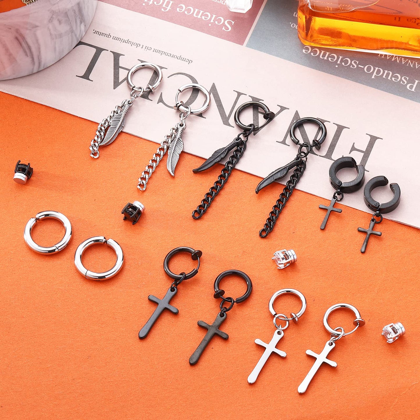 NEWITIN 15 Pairs Magnetic Stud Earrings for Men Clip on Earrings Stainless Steel Magnet Earring Unisex Dangle Cross CZ Hoop Magnetic Stud Earring Set for Men Women