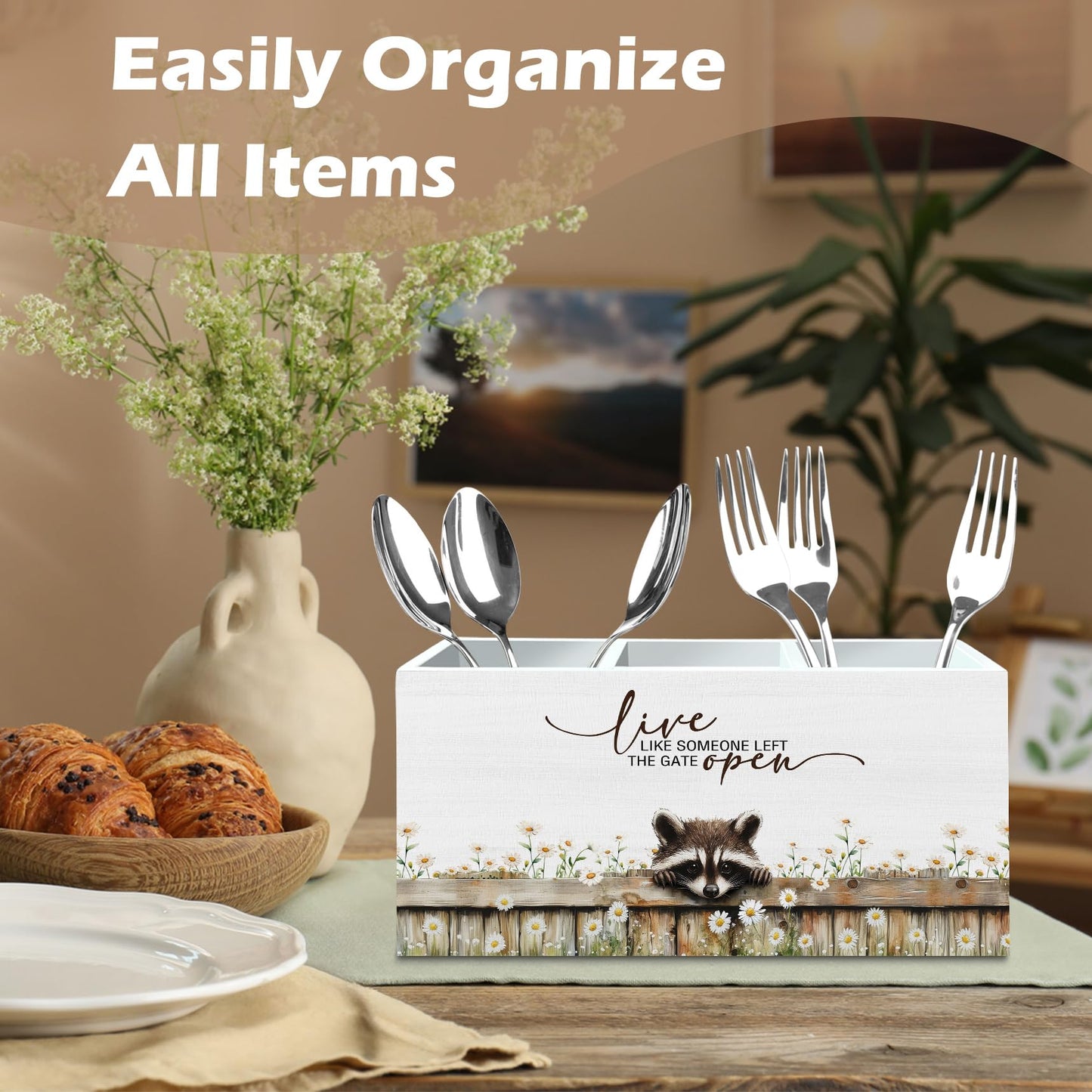 DILSJ Raccoon Inspirational Pen Pencil Holder Organizer For Desk, Raccoon Gifts, Rustic Floral Live Like Someone Left The Gate Open Wooden Box Signs For Home Office Desk Tabletop Decoration