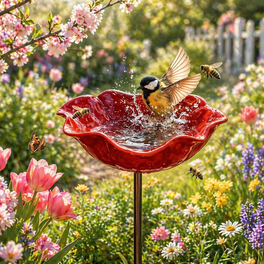 Handmade Metal Flower Garden Stake with Bird Bath & pollinator Water Station, Bee Bath for Garden Metal Bee Water Feeder with Flower Design for Outdoor Yard Decor