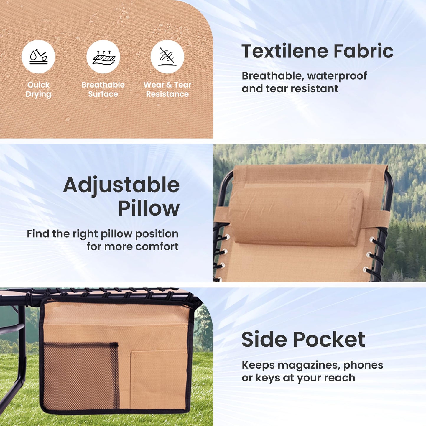 Foristrail 2 Pack Folding Chaise Lounge Chair 5-Position Adjustable Outdoor Recliner 400LB Capacity Portable Patio Camping Beach Pool Sunbathing Lounger with Pillow, Light Beige