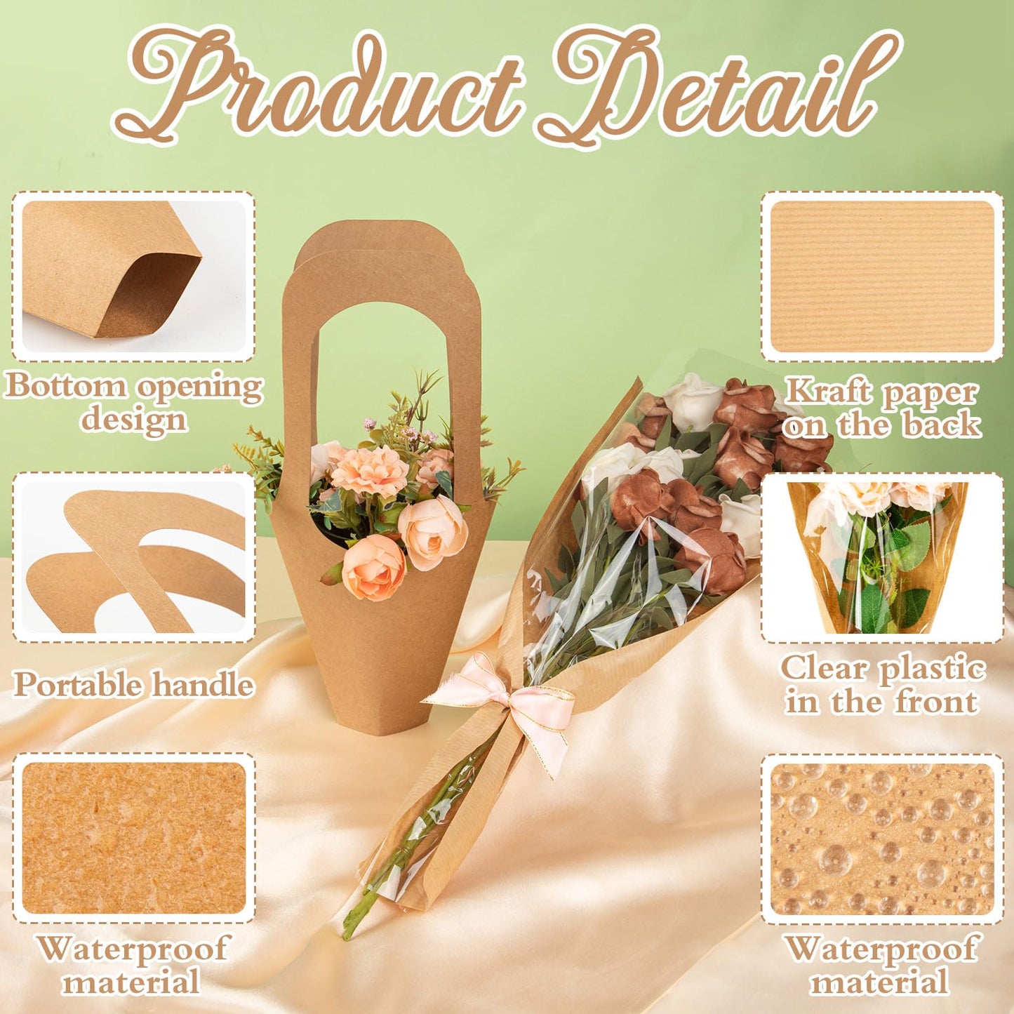 GCTWFYK 54 Pcs Flower Bags for Bouquets, Flower Wrapping Paper Bouquet, Clear Kraft Paper Floral Packing Sleeves for Bridal Shower Wedding Birthday Graduation Anniversary Supplies Mother's Day Gift