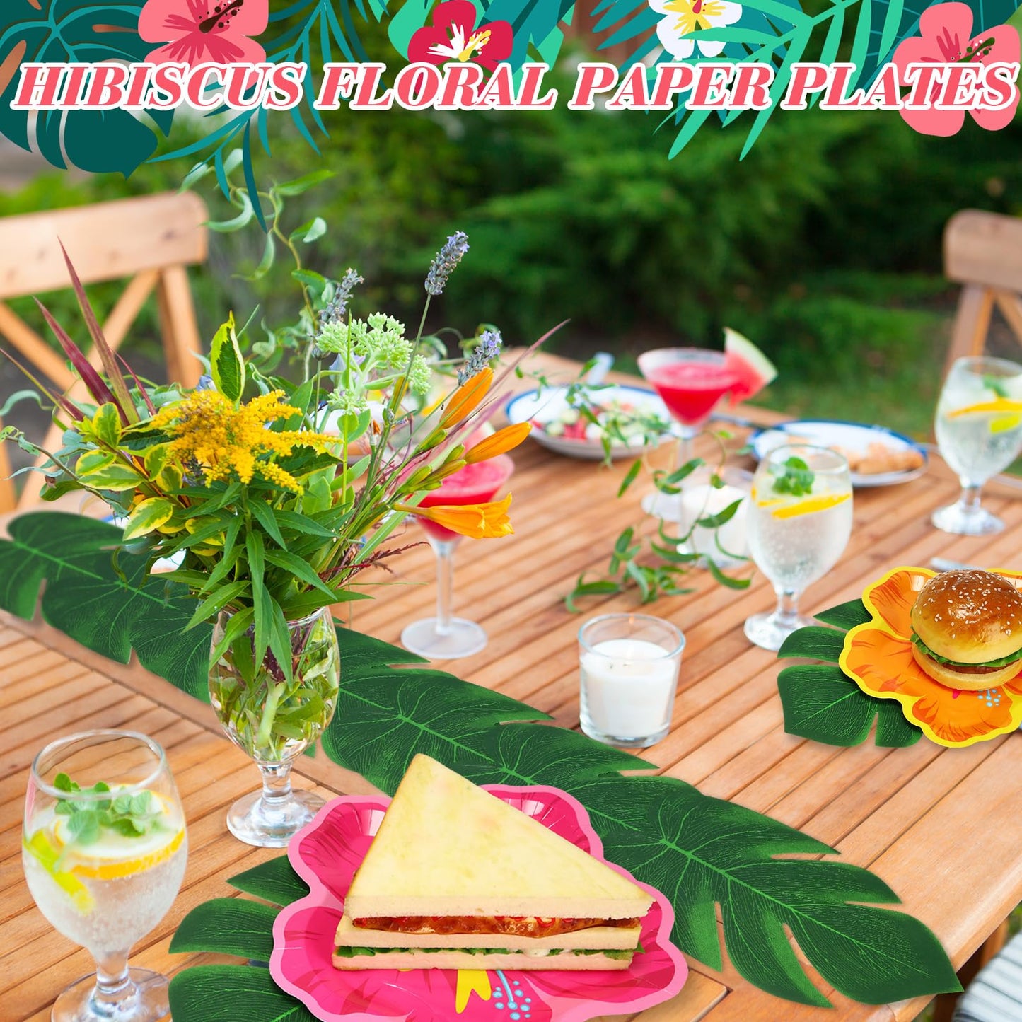 Motipuns 200 Pcs 9.05" Hibiscus Floral Paper Plates Bulk and Artificial Palm Leaves Luau Hibiscus Flowers Disposable Paper Plate Tropical Leaf Placemat Summer Hawaiian Safari Party Supplies Decoration