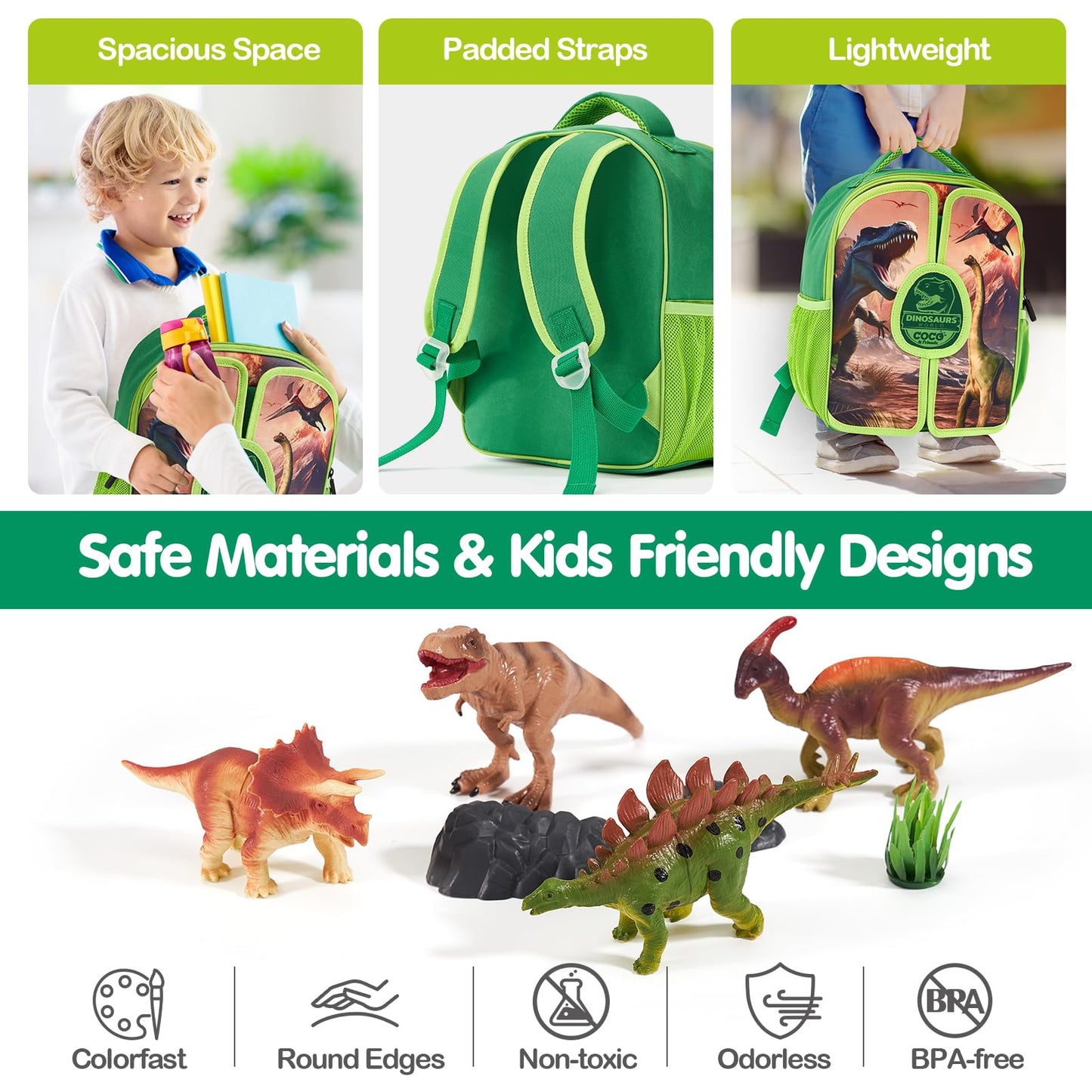 COCO&Friends Dinosaur Toys for Kids 3-5 - Portable Dinosaur Backpack Play Set with Foldable 3D Mat, Pretend Play Toy for 4 Year Old Boy Birthday Gift - Travel Outdoor Beach Toys for Kids Ages 4-8