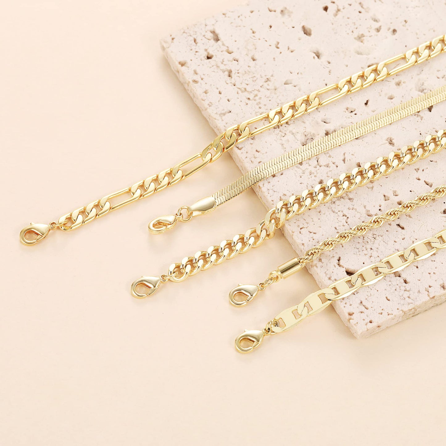 DEARMAY 14K Gold Plated Anklets Waterproof Ankle Bracelets for Women Cuban Link Anklet Bracelets Cute Figaro Paperclip Rope Herringbone Set Jewelry