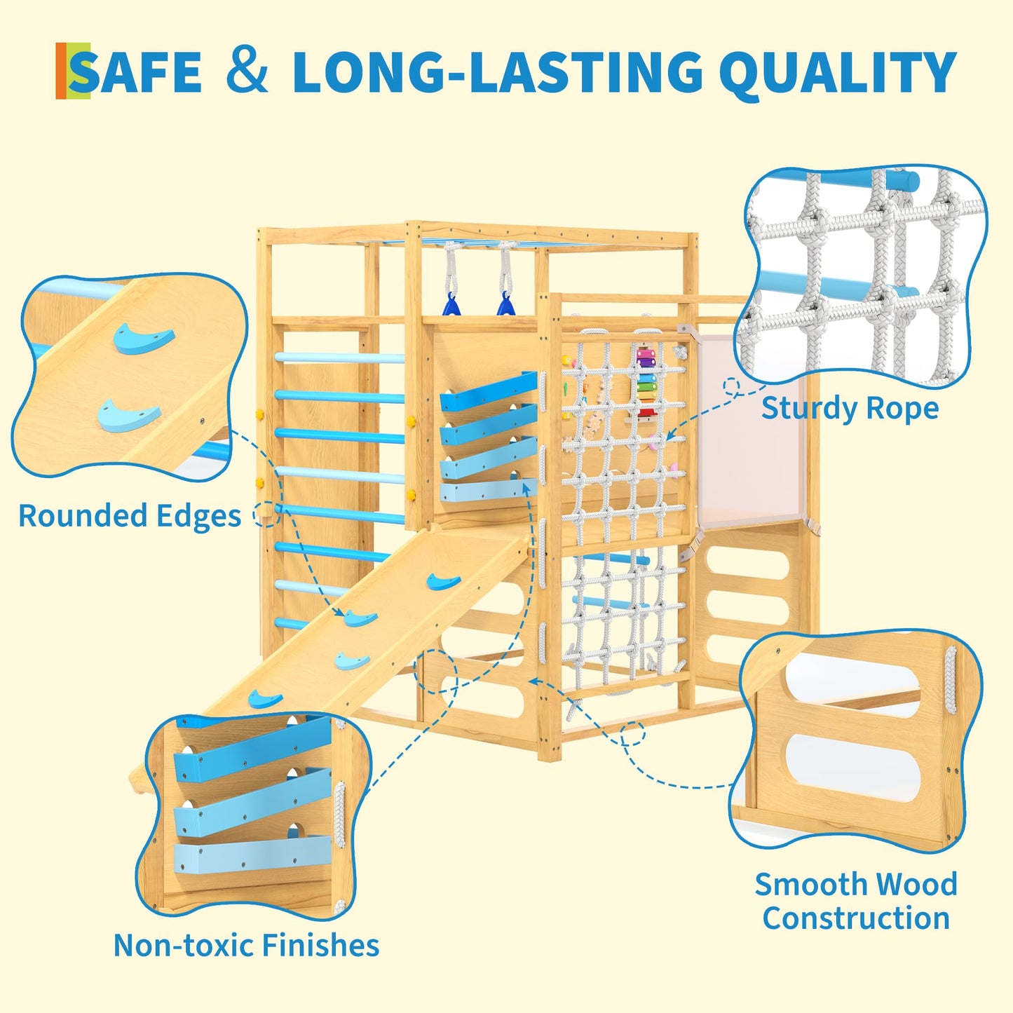 9-IN-1 Outdoor Indoor Jungle Gym, Montessori Wooden indoor playground for kids 2-8, Wooden Climbing Structure with Slide, Monkey Bars, Rope Ladder, Rock Wall, Climbing Net, Rings - Natural Wood Blue