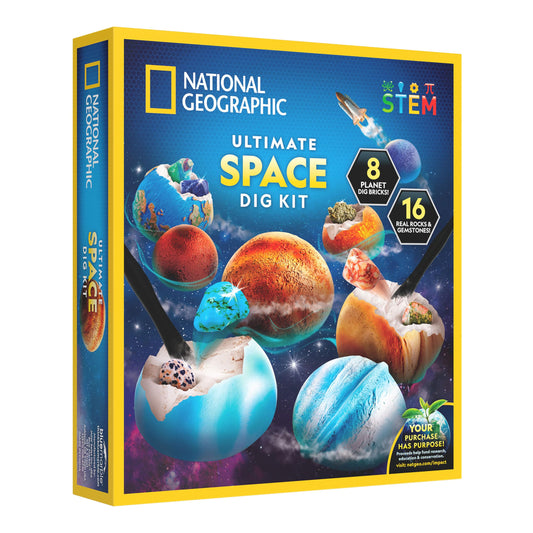 National Geographic Ultimate Space Gemstone Dig Kit – 8 Planet-Shaped Bricks with 16 Real Rock & Gemstone Specimens, Gems for Kids, Excavation Digging Activity, Gem Mining Kit